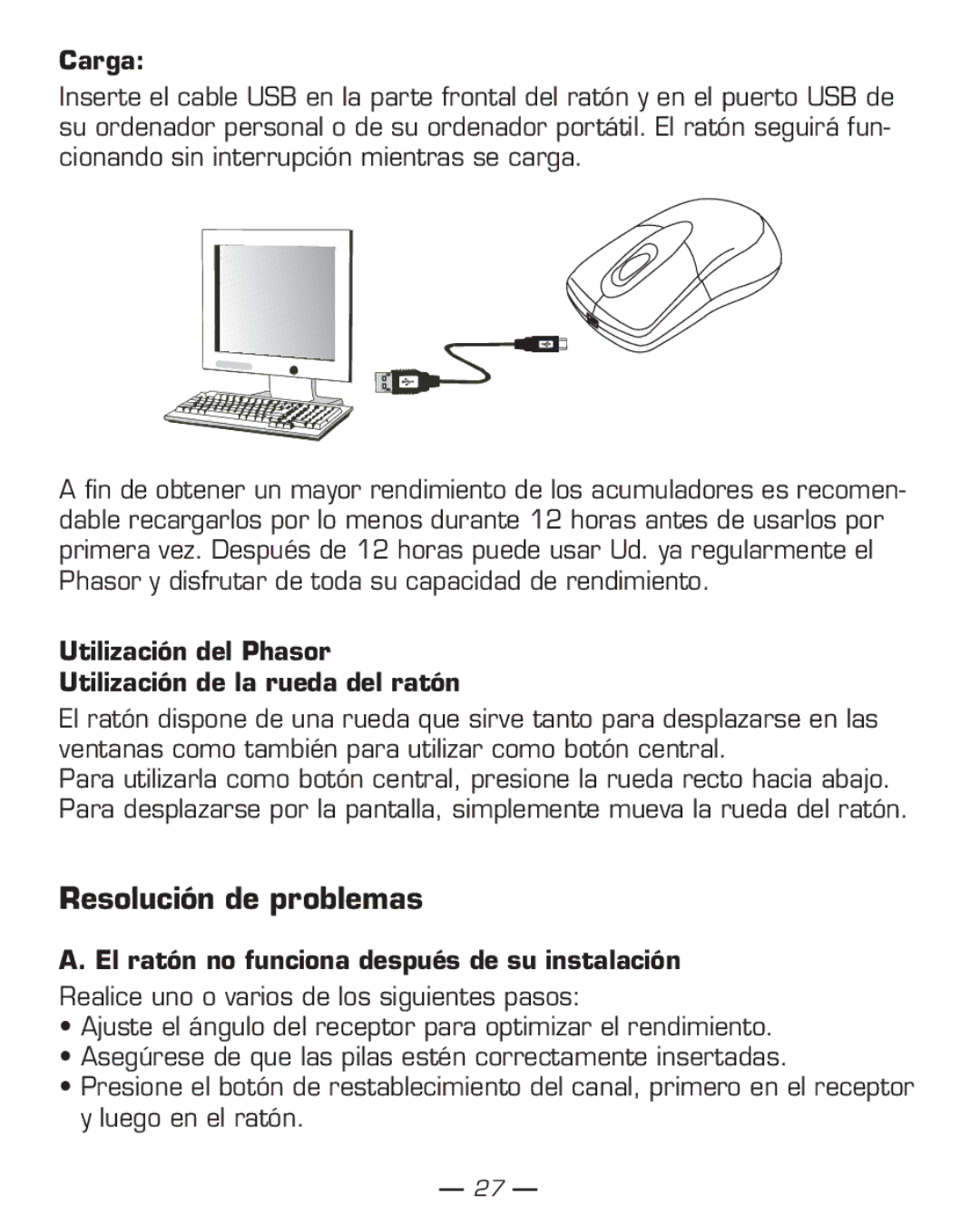 Dicota manual Resolución de problemas, Carga, Utilización del Phasor Utilización de la rueda del ratón 