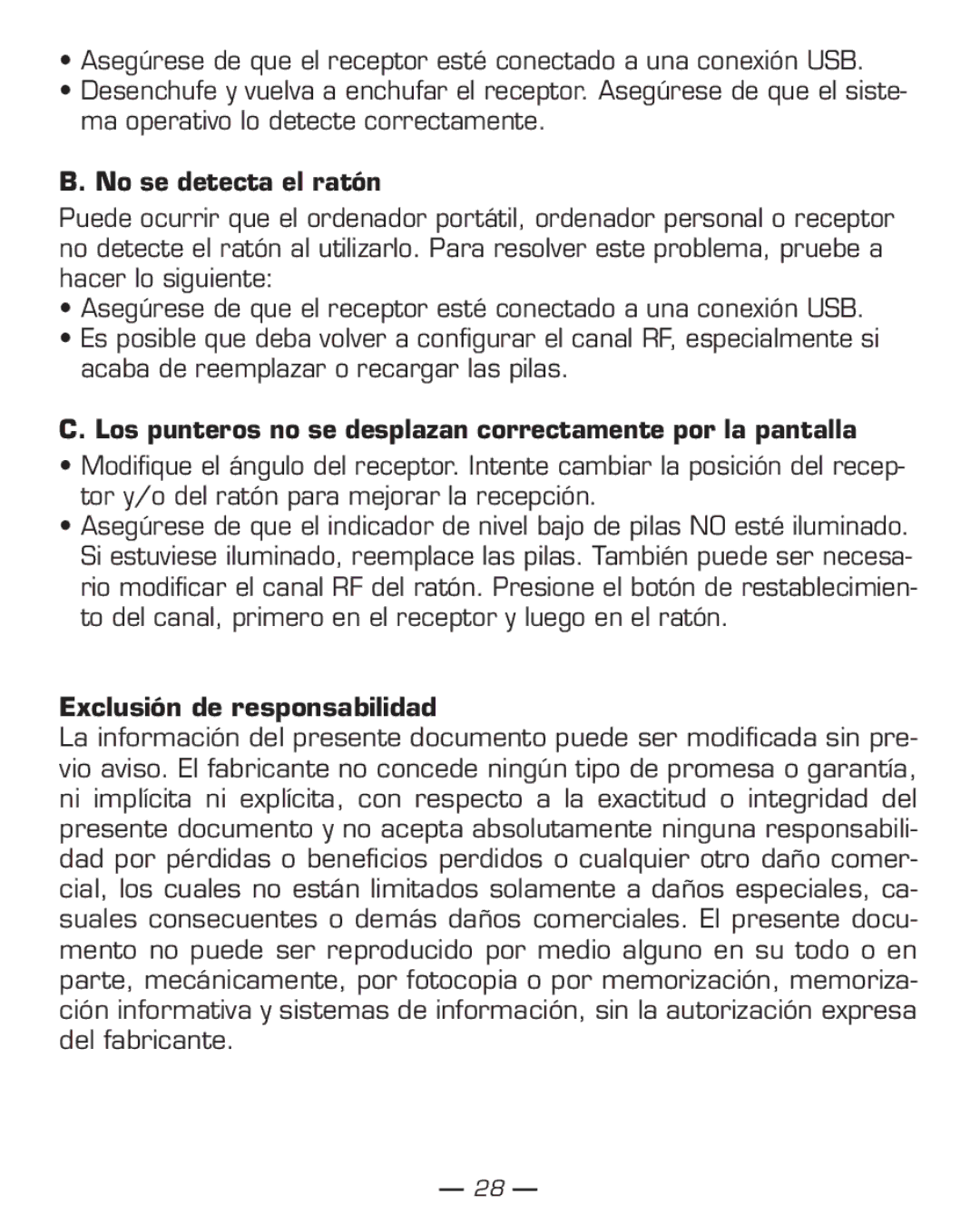 Dicota Phasor manual No se detecta el ratón, Los punteros no se desplazan correctamente por la pantalla 