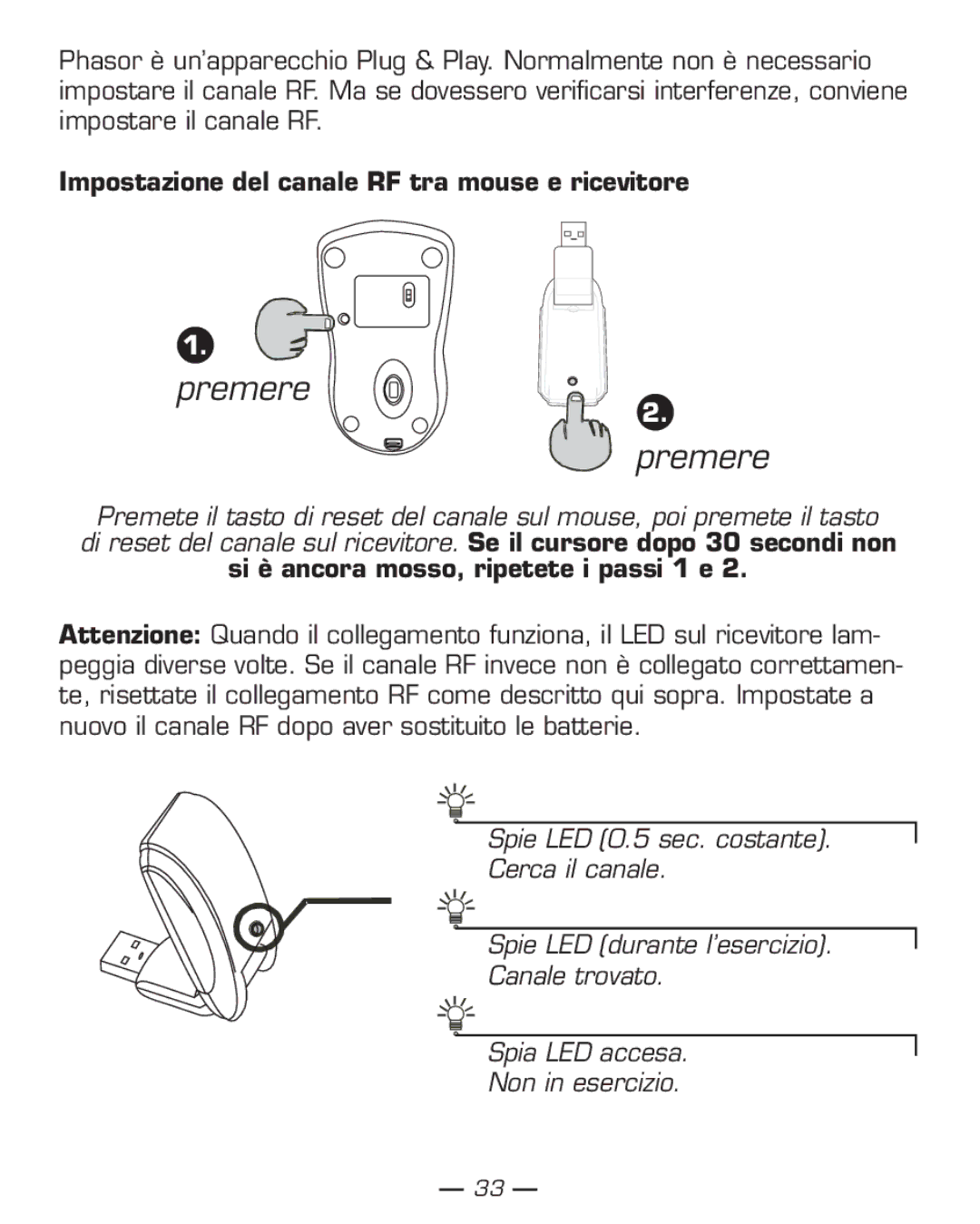 Dicota Phasor manual Premere, Impostazione del canale RF tra mouse e ricevitore 