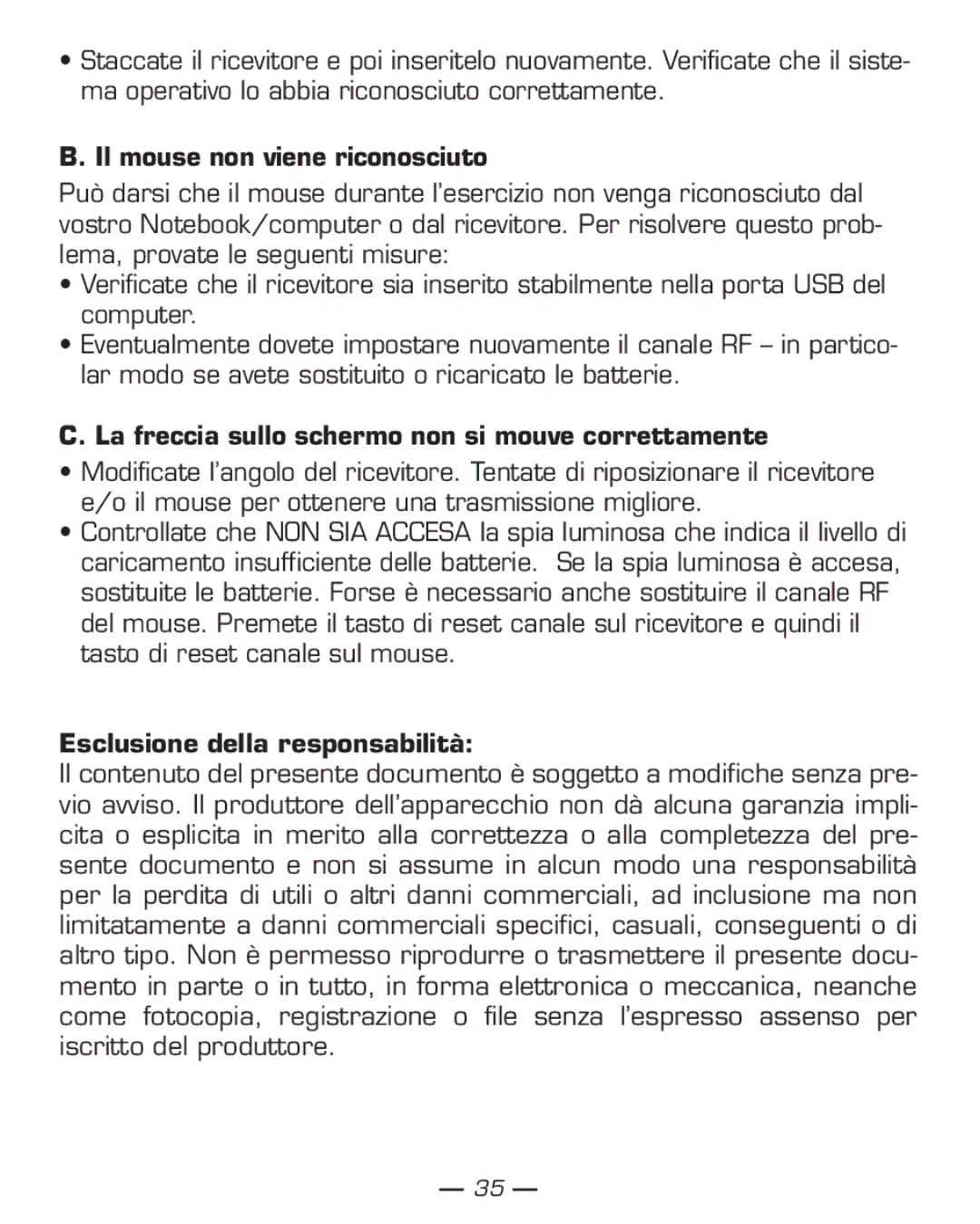 Dicota Phasor manual Il mouse non viene riconosciuto, La freccia sullo schermo non si mouve correttamente 