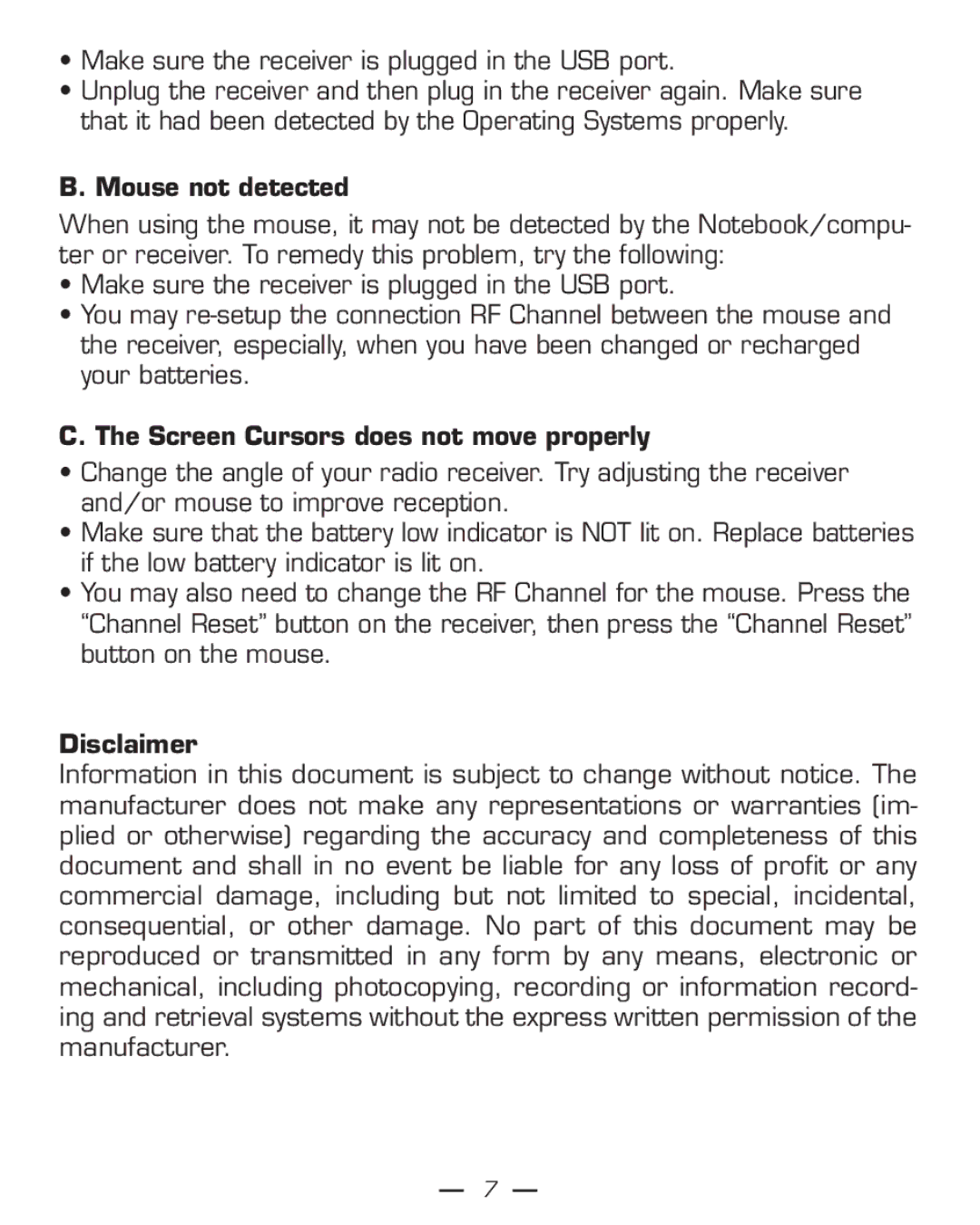 Dicota Phasor manual Mouse not detected, Screen Cursors does not move properly, Disclaimer 