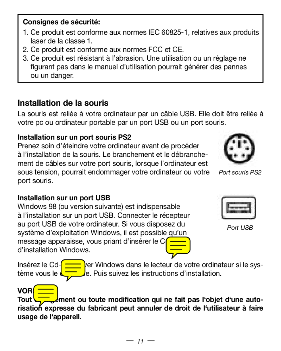 Dicota Stream manual Installation de la souris, Consignes de sécurité, Installation sur un port souris PS2 