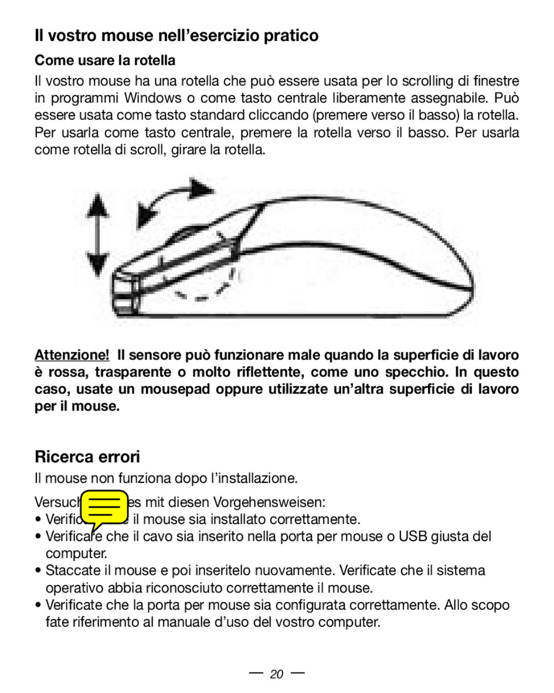 Dicota Stream manual Il vostro mouse nell’esercizio pratico, Ricerca errori, Come usare la rotella 