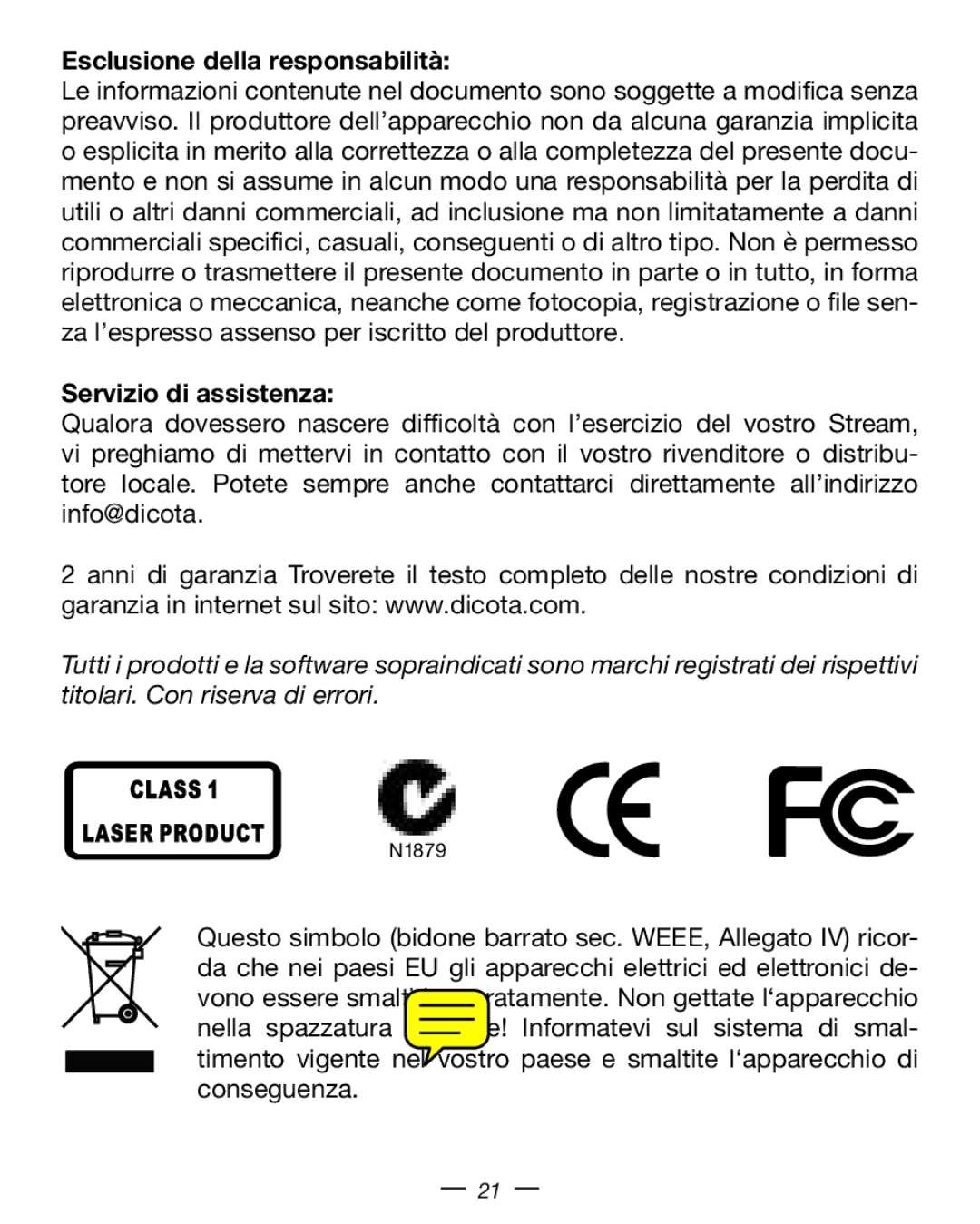 Dicota Stream manual Esclusione della responsabilità, Servizio di assistenza 