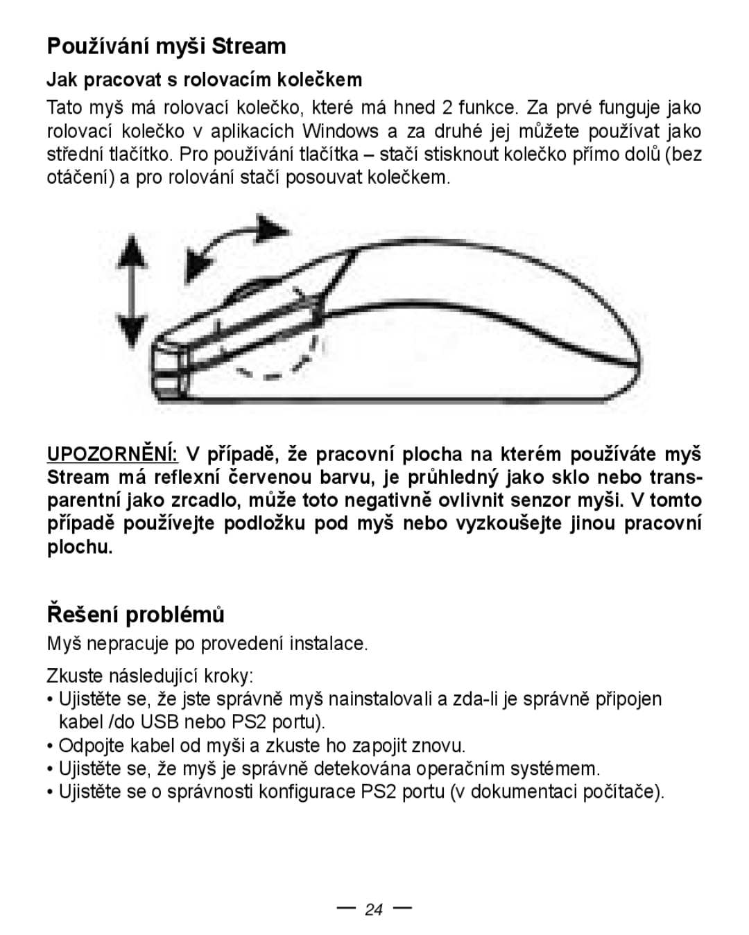 Dicota manual Používání myši Stream, Řešení problémů, Jak pracovat s rolovacím kolečkem 