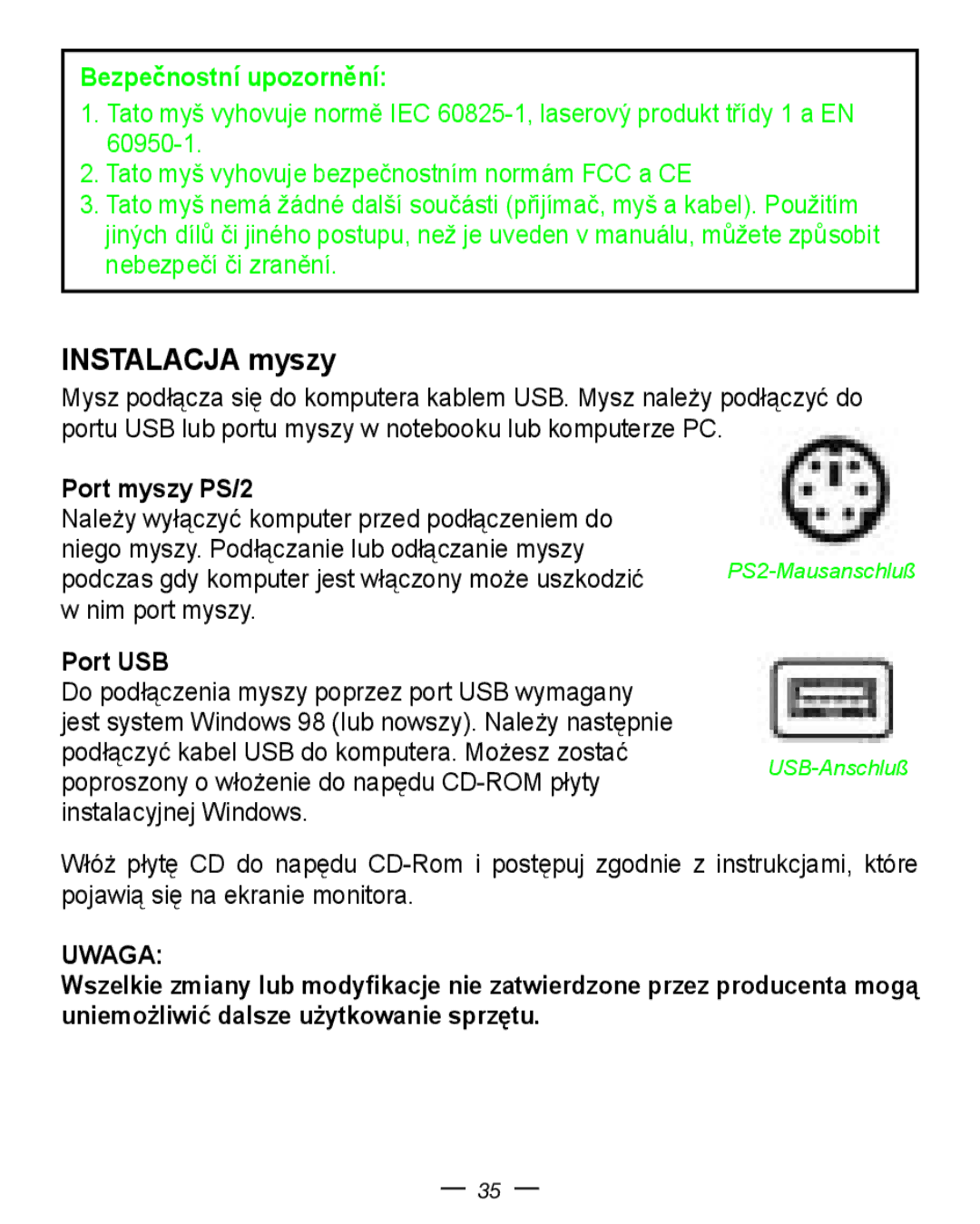 Dicota Stream manual Instalacja myszy, Port myszy PS/2, Port USB 