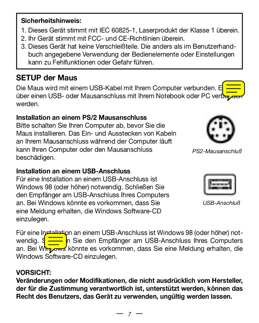 Dicota Stream manual Setup der Maus, Sicherheitshinweis, Installation an einem PS/2 Mausanschluss 