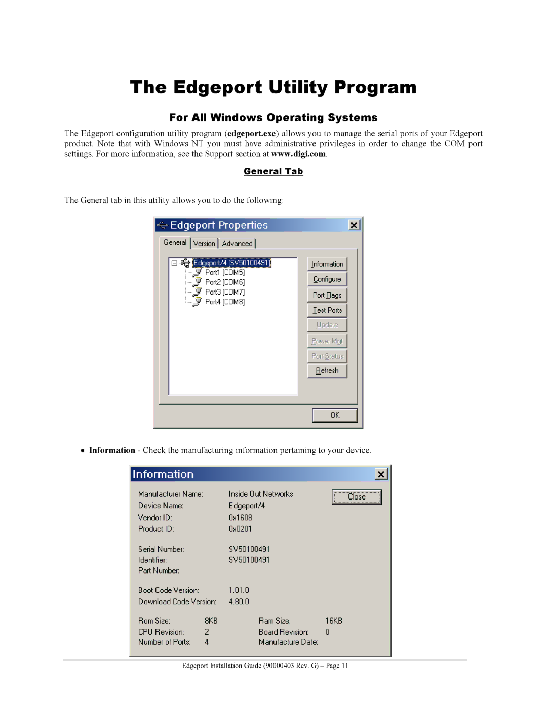 Digi 1 manual Edgeport Utility Program, For All Windows Operating Systems, General Tab 