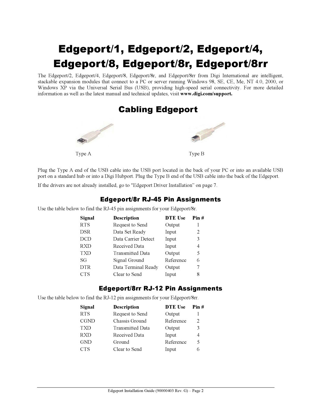 Digi manual Cabling Edgeport, Edgeport/8r RJ-45 Pin Assignments, Edgeport/8rr RJ-12 Pin Assignments 