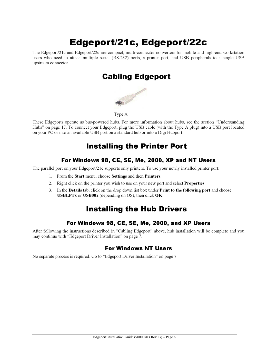 Digi manual Edgeport/21c, Edgeport/22c, Installing the Printer Port, For Windows 98, CE, SE, Me, 2000, and XP Users 