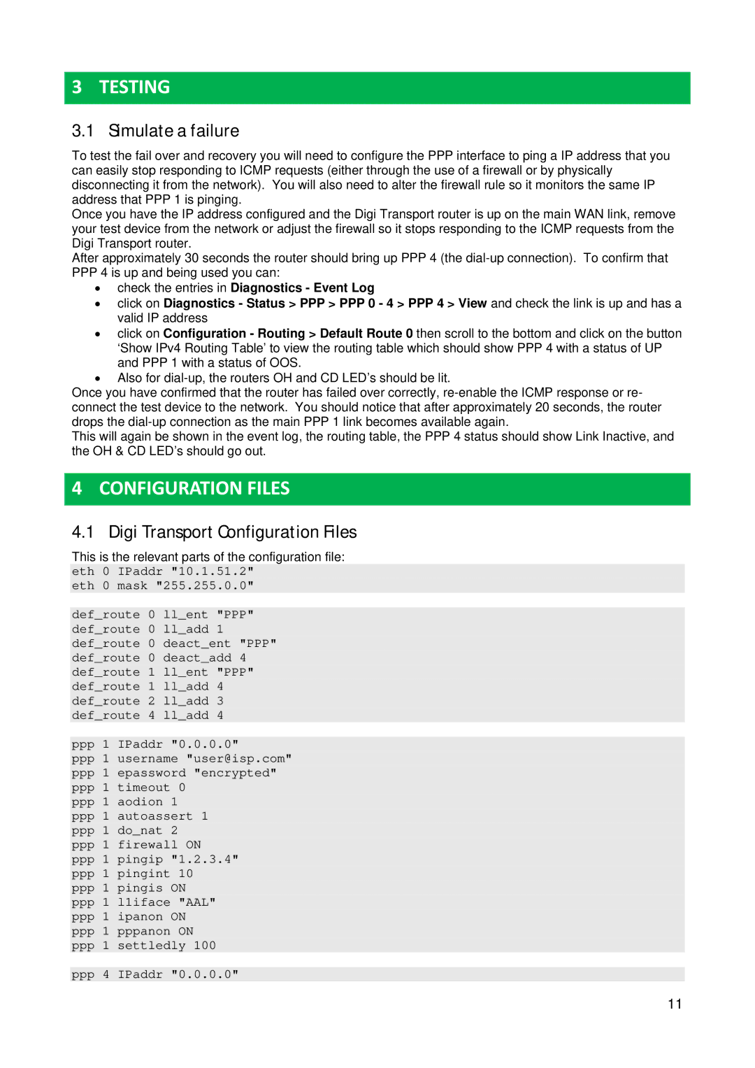 Digi 34 manual Testing, Simulate a failure, Digi Transport Configuration Files 