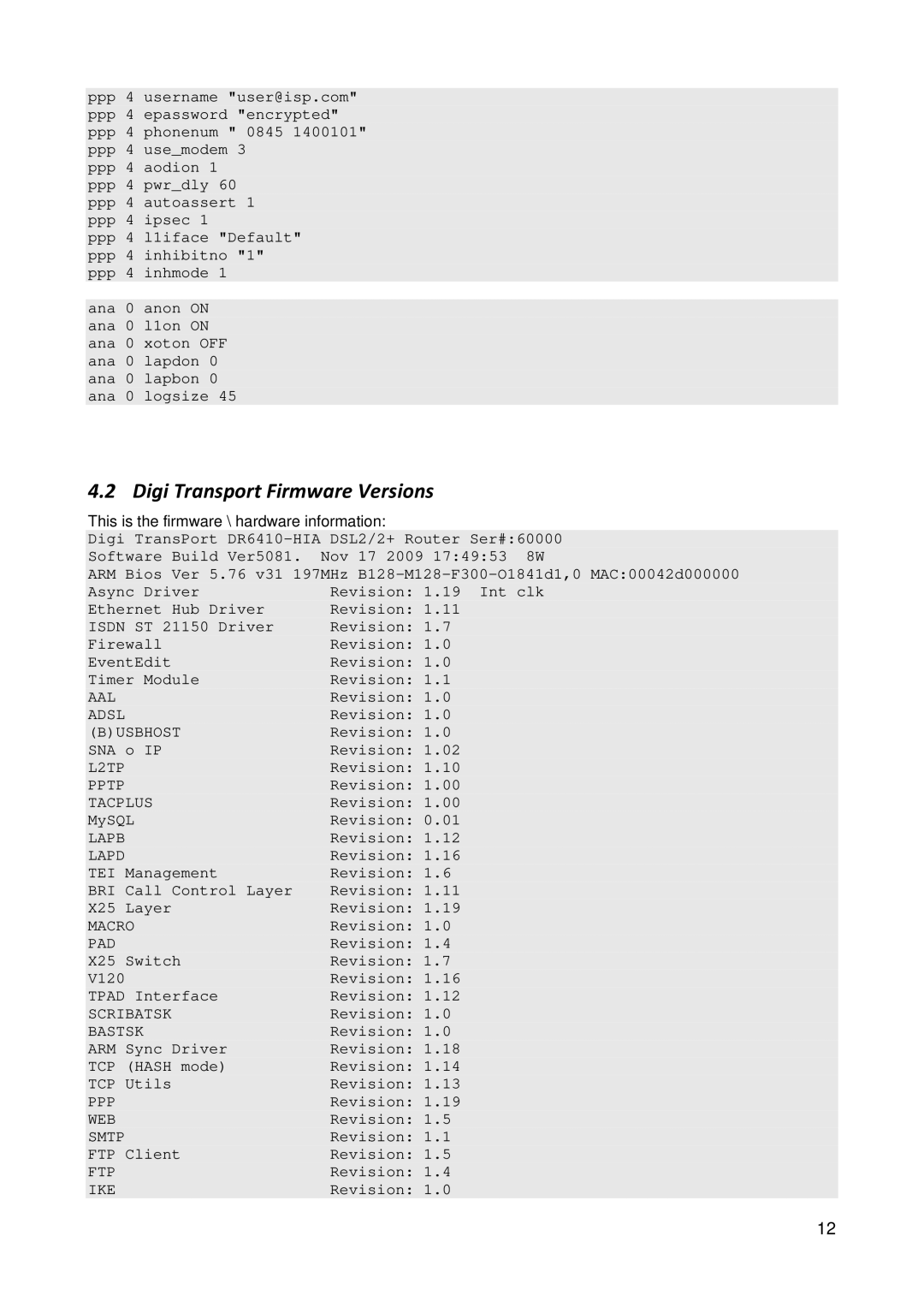 Digi 34 manual Digi Transport Firmware Versions 