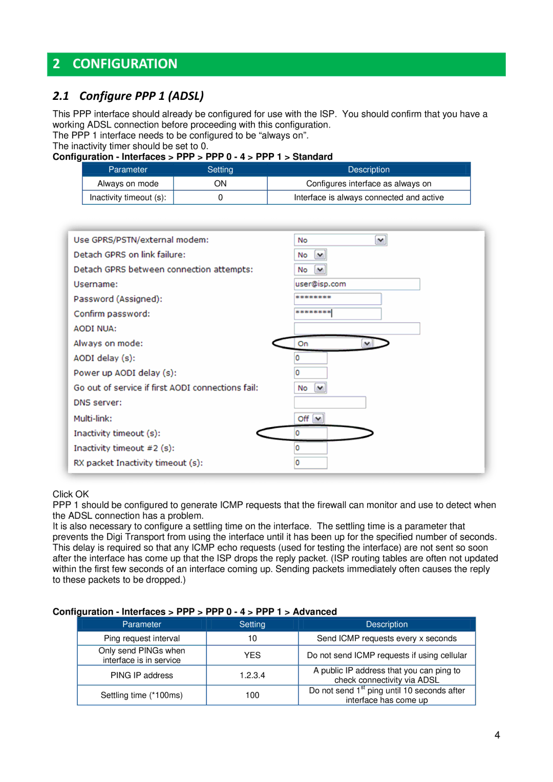 Digi 34 manual Configure PPP 1 Adsl, Configuration Interfaces PPP PPP 0 4 PPP 1 Standard 