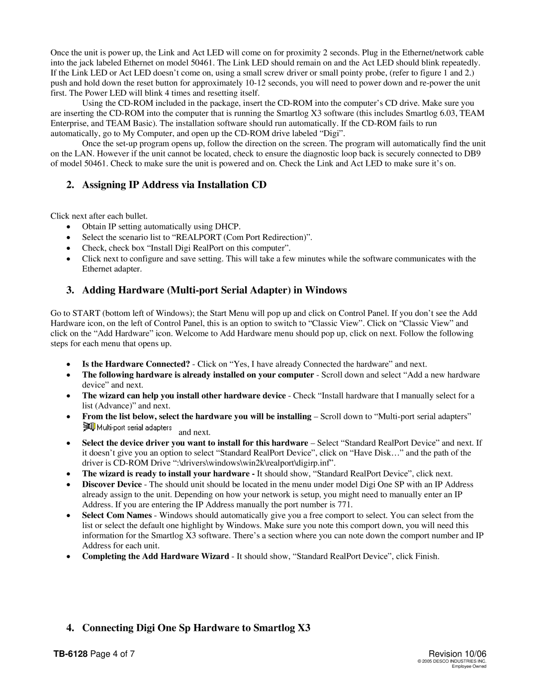 Digi 62533 manual Assigning IP Address via Installation CD, Adding Hardware Multi-port Serial Adapter in Windows 