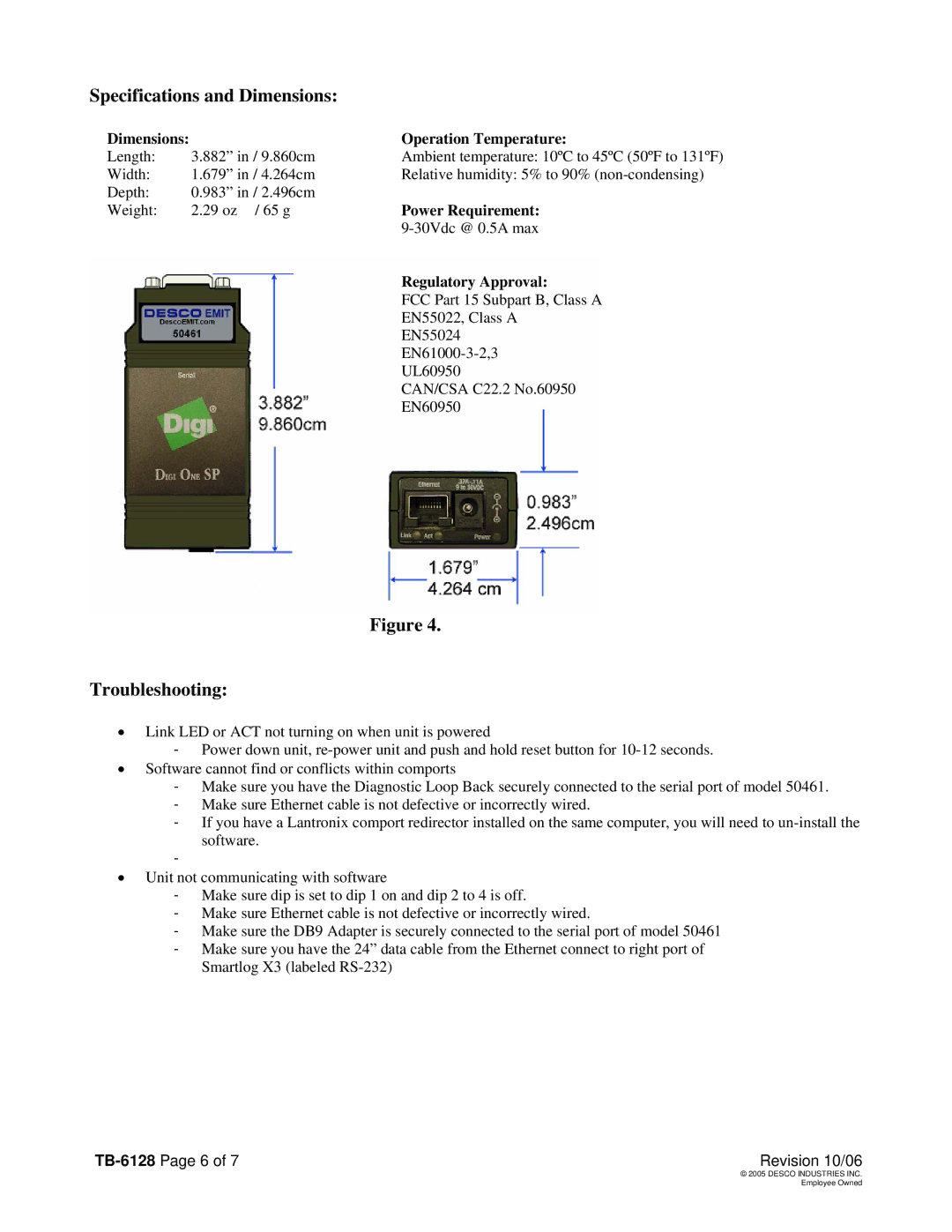 Digi 62533 manual Specifications and Dimensions, Troubleshooting, TB-6128 Page 6 Revision 10/06 