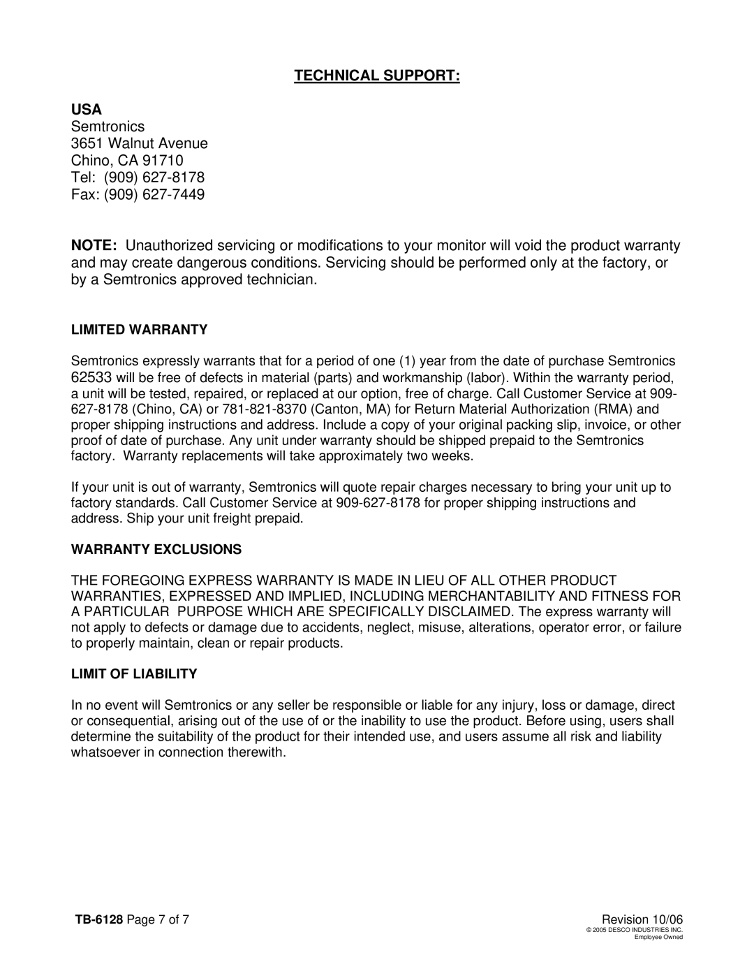 Digi 62533 manual Technical Support USA, TB-6128 Page 7 Revision 10/06 