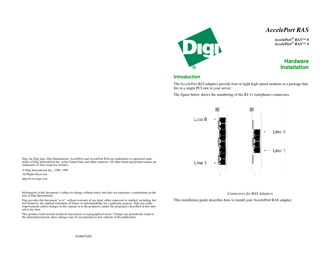 Digi 4, 8 warranty Introduction, Hardware Installation, AccelePort RAS AccelePort RAS 