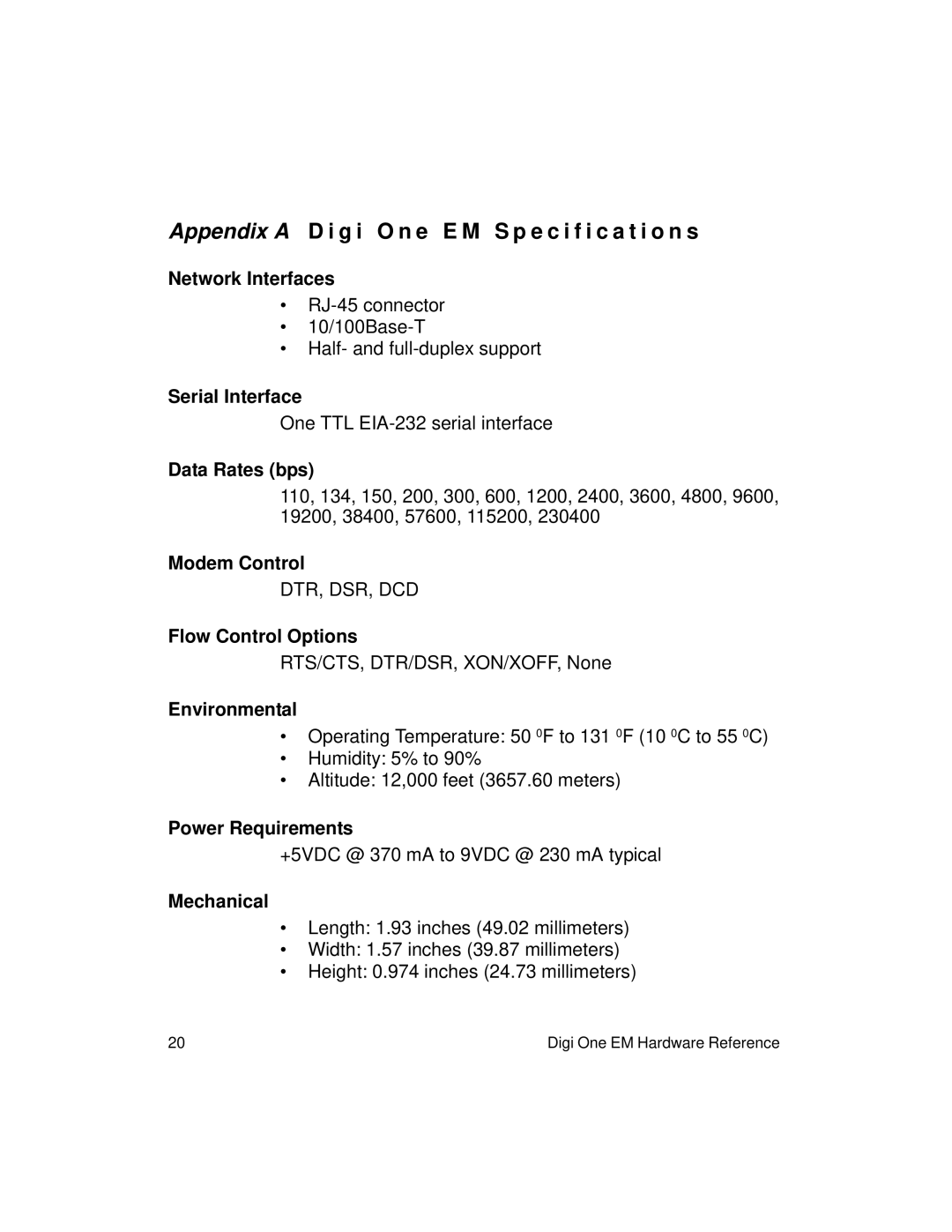 Digi 90000278_B manual Appendix a D i g i O n e E M Specification s 