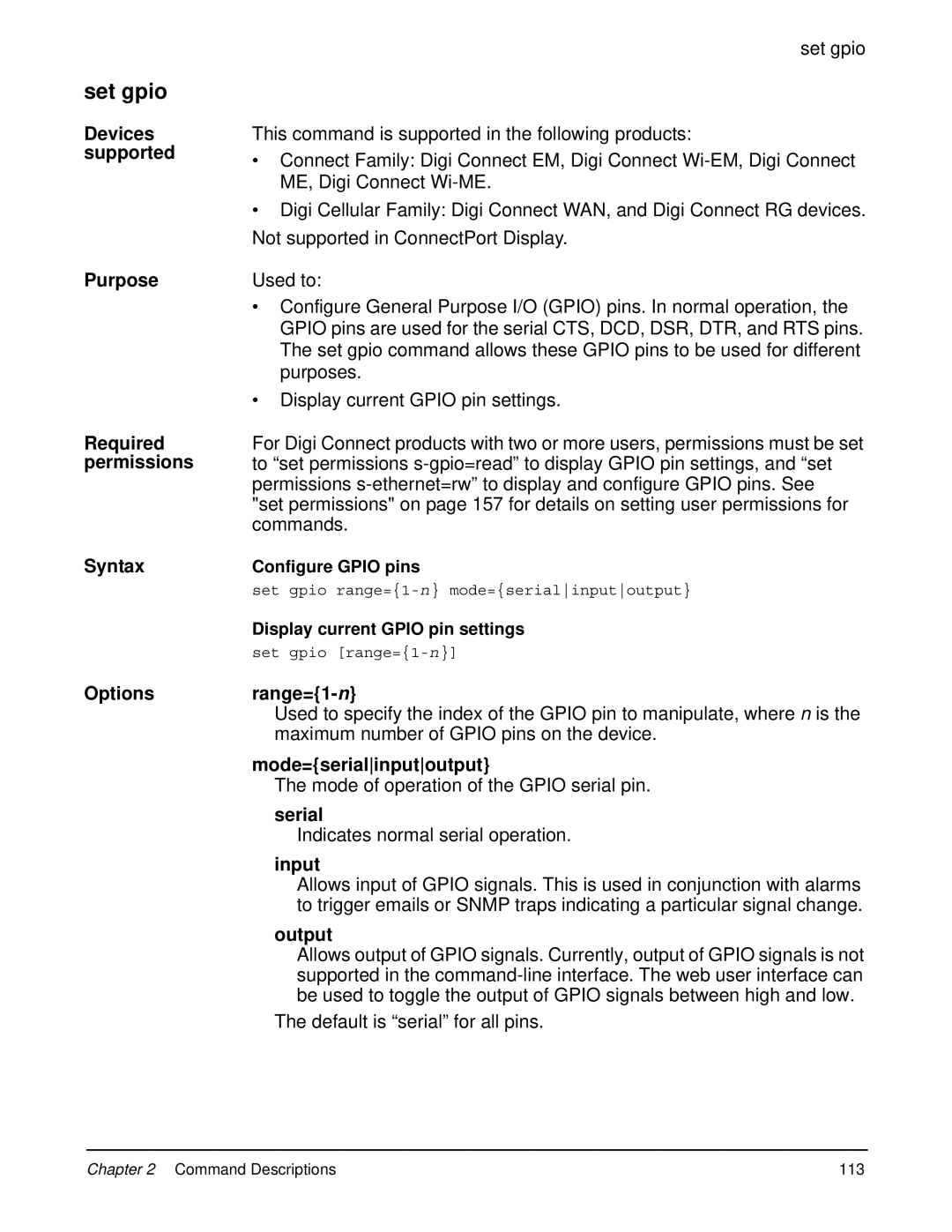 Digi 90000566_H manual Set gpio, Devices supported Purpose, Options Range=1-n, Mode=serialinputoutput, Input 