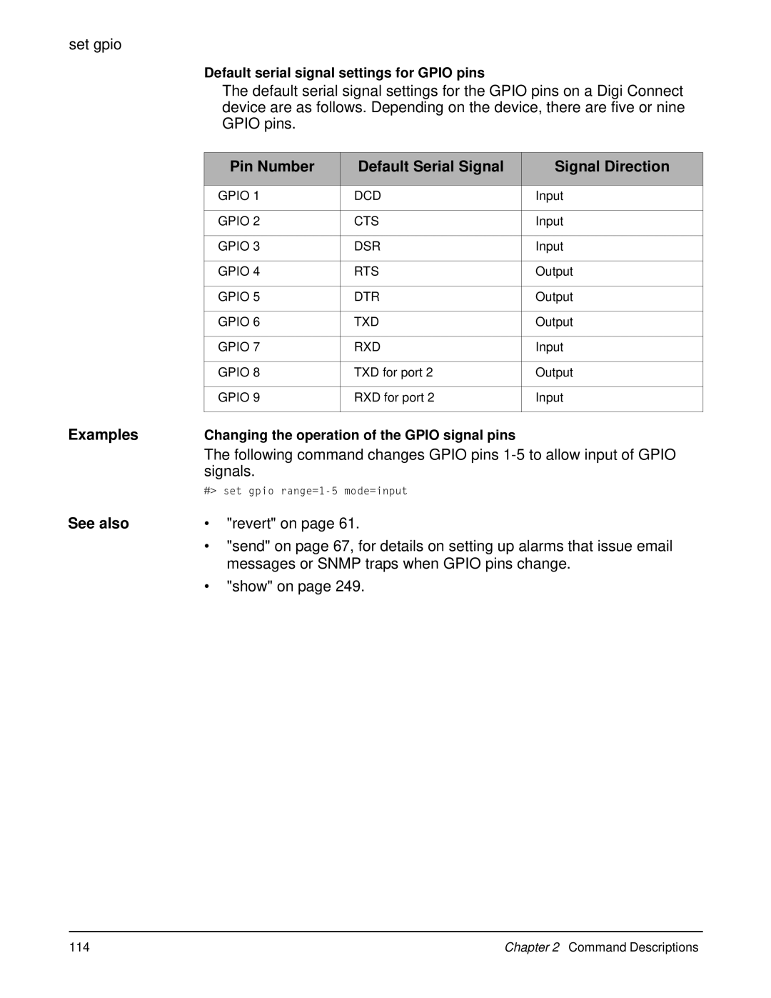 Digi 90000566_H Pin Number Default Serial Signal Signal Direction, Signals, Messages or Snmp traps when Gpio pins change 