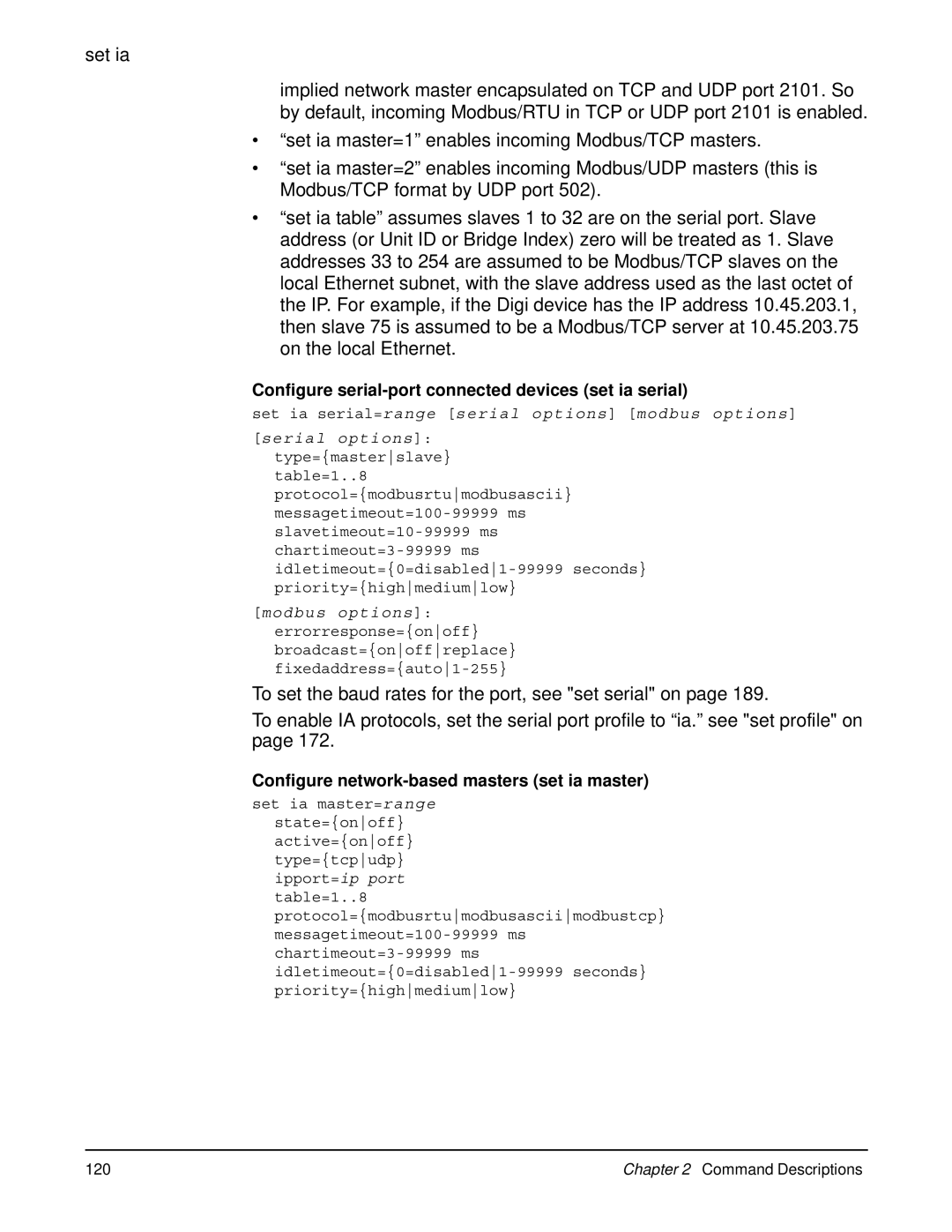 Digi 90000566_H manual Configure serial-port connected devices set ia serial, Configure network-based masters set ia master 