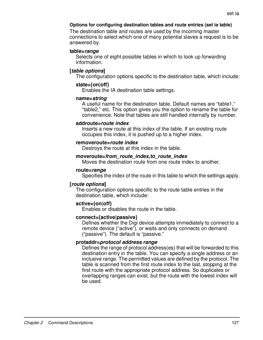 Digi 90000566_H manual Table options, Addroute=route index, Moveroute=fromrouteindex,torouteindex, Route options 