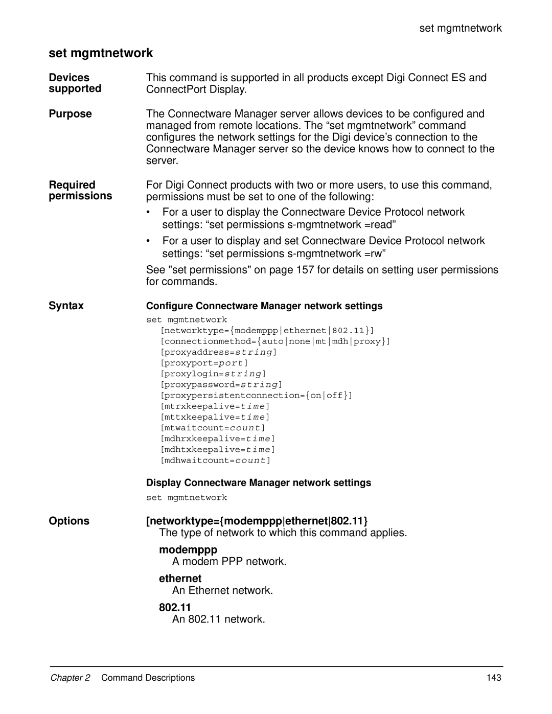 Digi 90000566_H manual Set mgmtnetwork, Options Networktype=modempppethernet802.11, Modemppp 