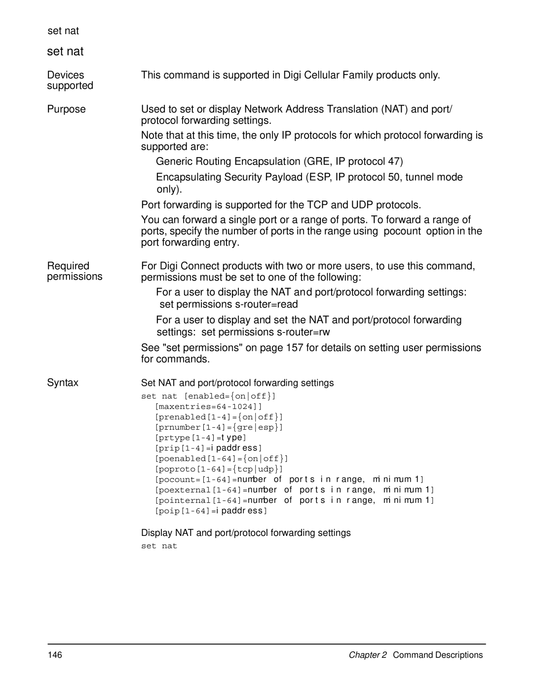 Digi 90000566_H manual Set nat set nat, Protocol forwarding settings, Supported are, Only, Port forwarding entry 