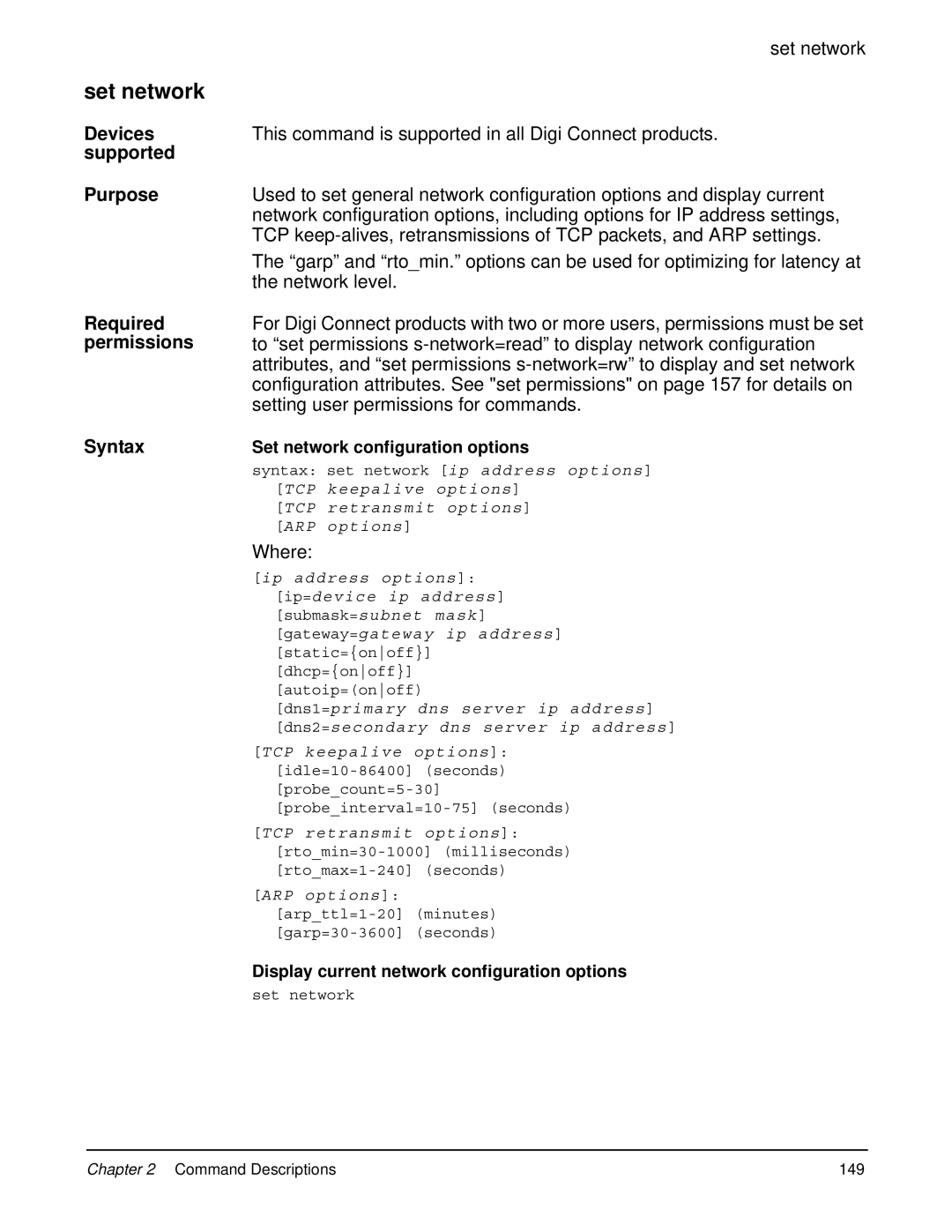 Digi 90000566_H manual Set network, Network level, Setting user permissions for commands, Where 