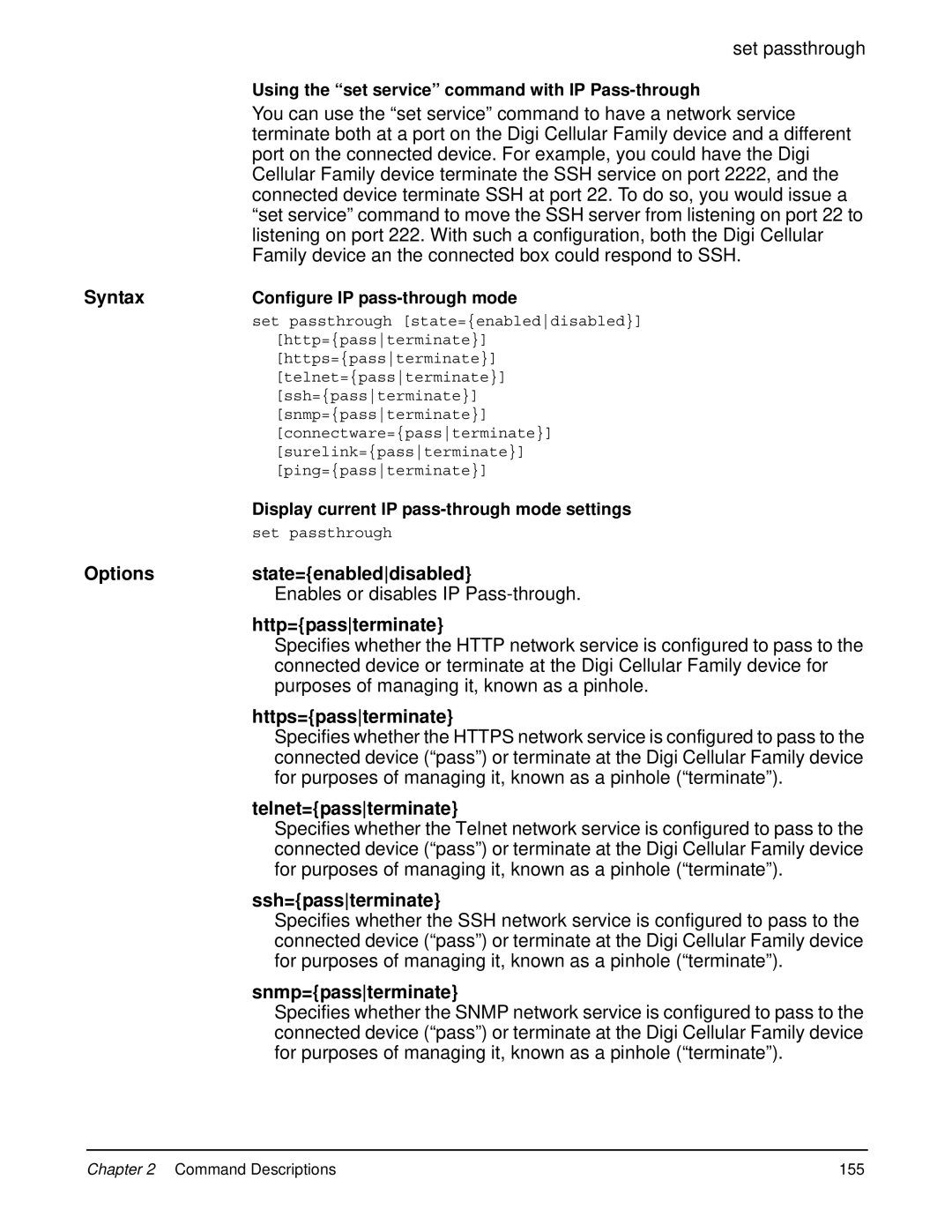 Digi 90000566_H manual Options State=enableddisabled, Http=passterminate, Https=passterminate, Telnet=passterminate 