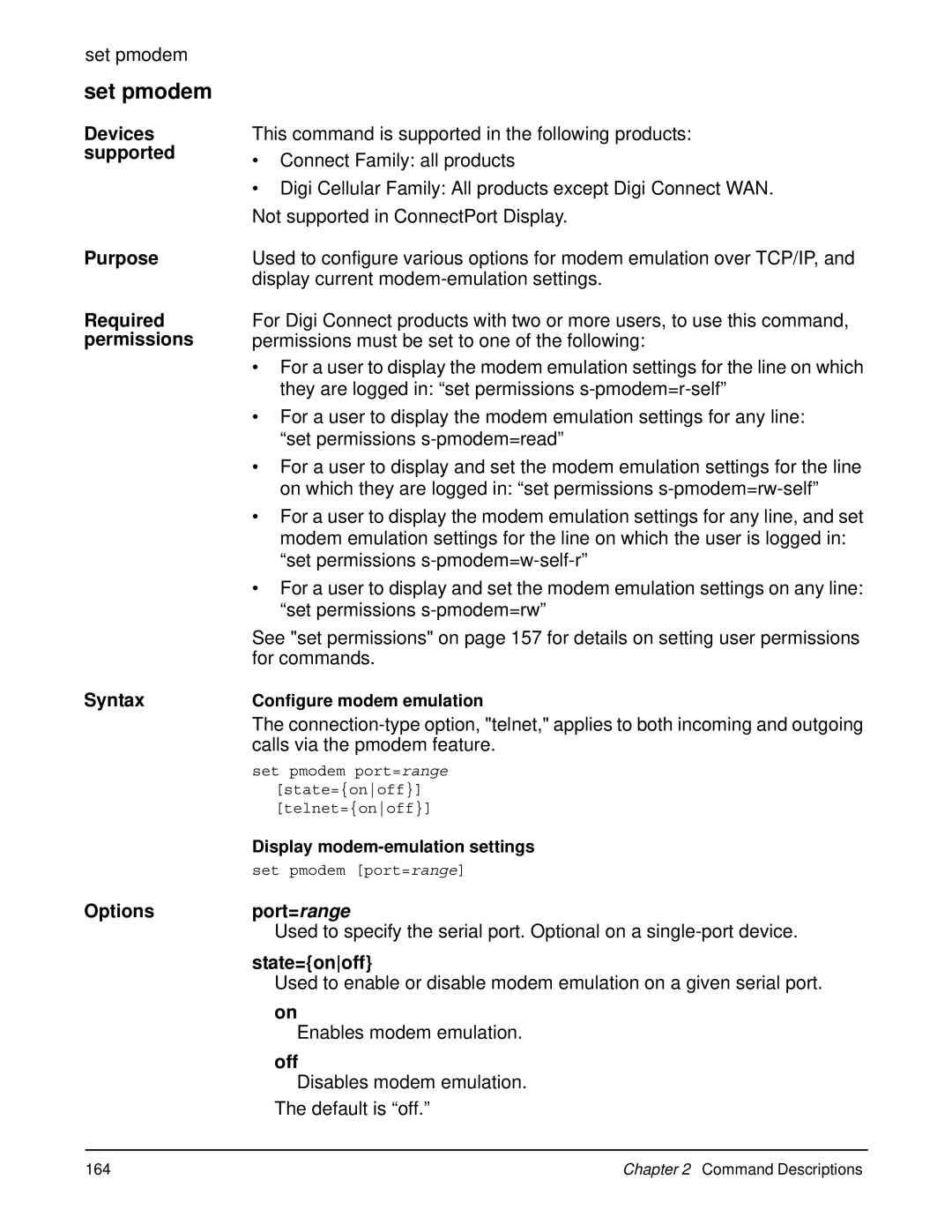 Digi 90000566_H manual Set pmodem, Enables modem emulation, Disables modem emulation, Configure modem emulation 