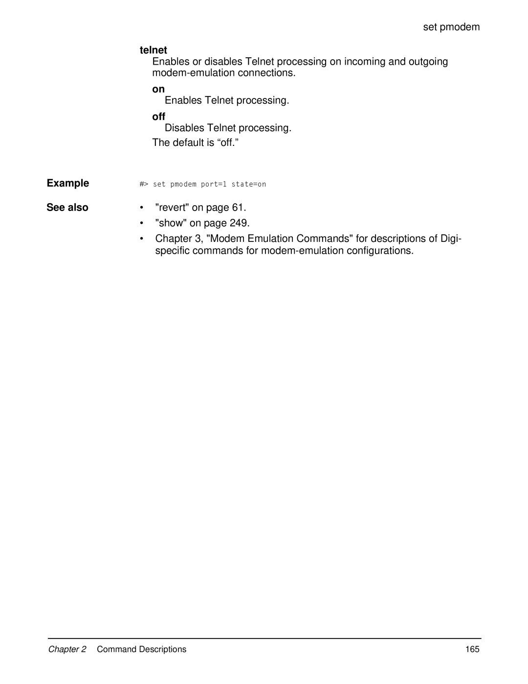 Digi 90000566_H manual Modem-emulation connections, Enables Telnet processing, Disables Telnet processing 