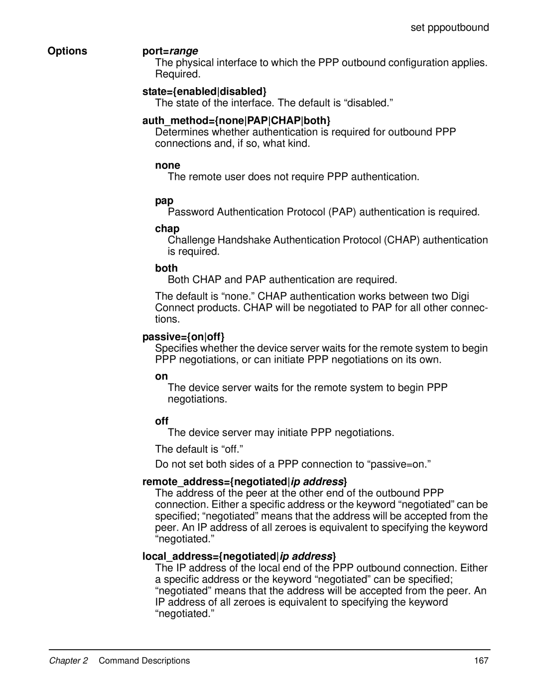 Digi 90000566_H manual Authmethod=nonePAPCHAPboth, Pap, Chap, Both, Passive=onoff, Remoteaddress=negotiatedip address 