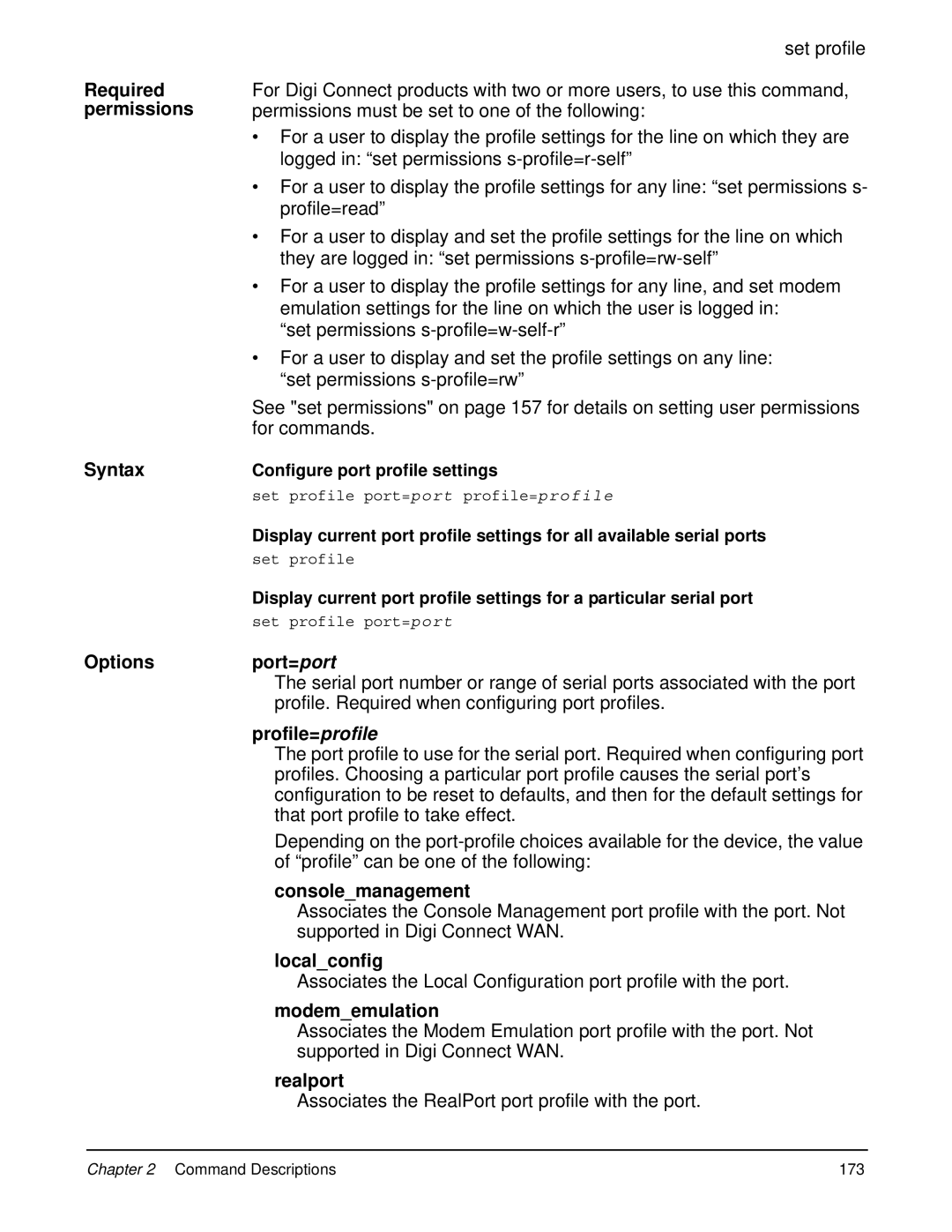 Digi 90000566_H manual Options Port=port, Profile=profile, Consolemanagement, Localconfig, Modememulation 