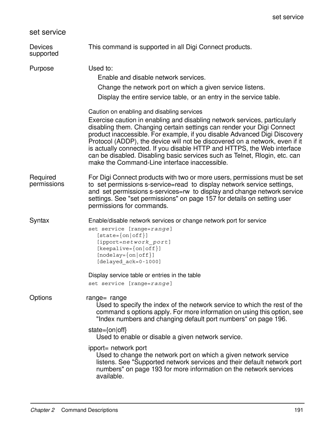 Digi 90000566_H manual Set service, Options Range= range, Ipport=network port 