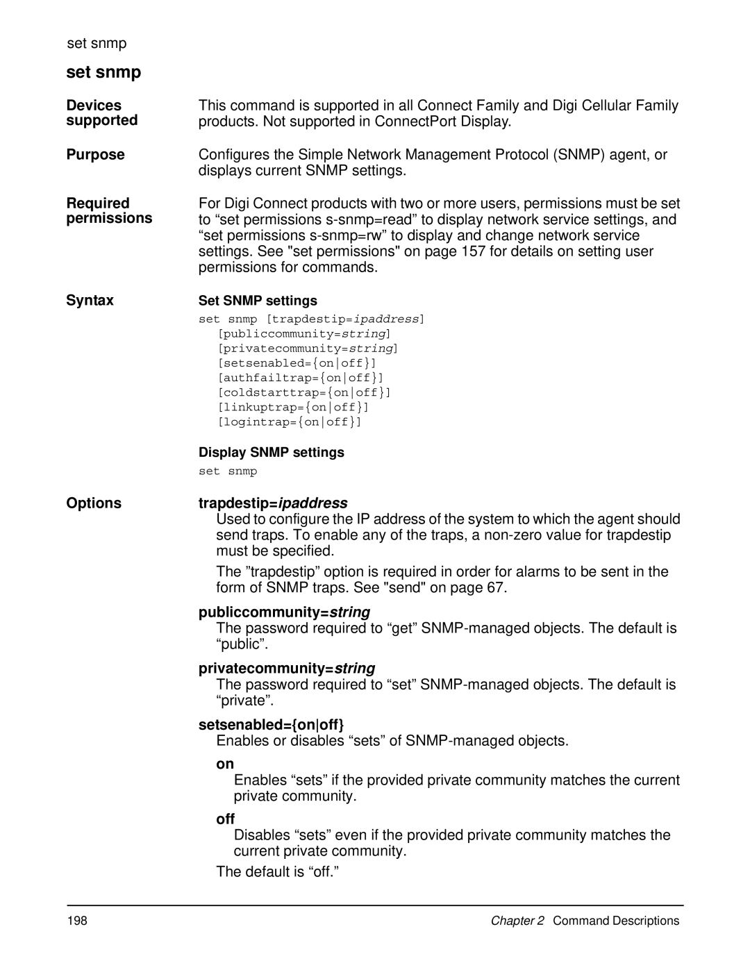 Digi 90000566_H manual Options Trapdestip=ipaddress, Publiccommunity=string, Privatecommunity=string, Setsenabled=onoff 