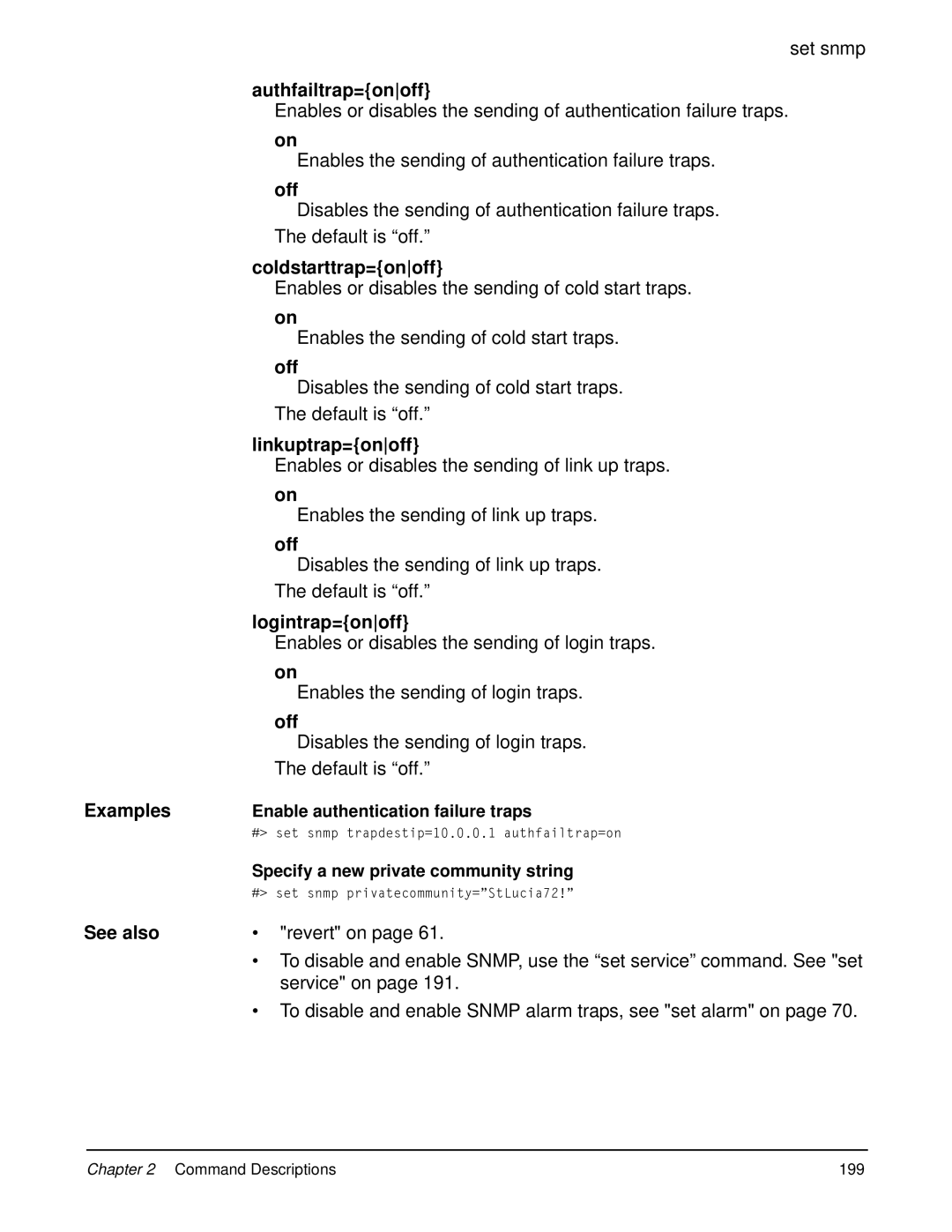 Digi 90000566_H manual Authfailtrap=onoff, Coldstarttrap=onoff, Linkuptrap=onoff, Logintrap=onoff 