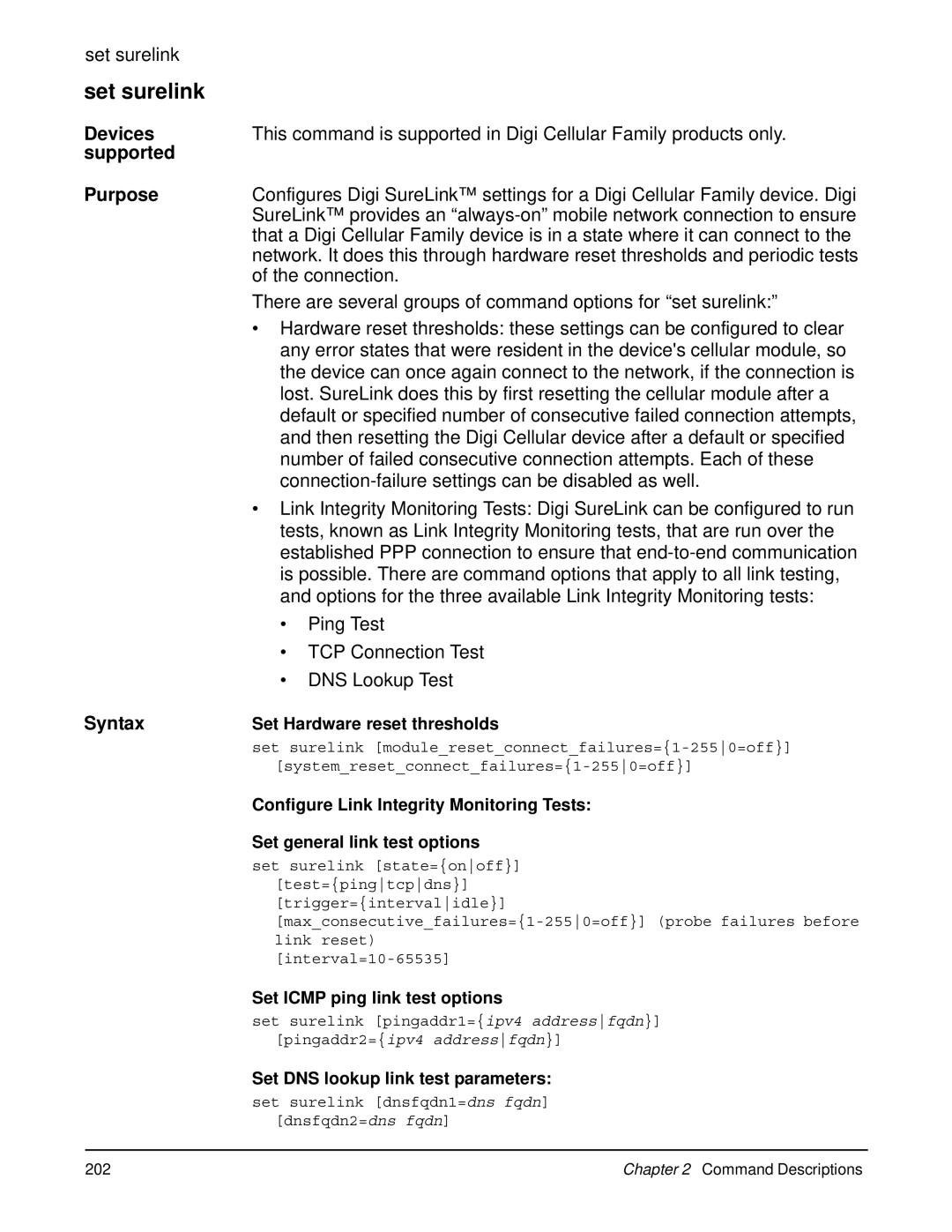 Digi 90000566_H Set surelink set surelink, Connection-failure settings can be disabled as well, Ping Test, DNS Lookup Test 