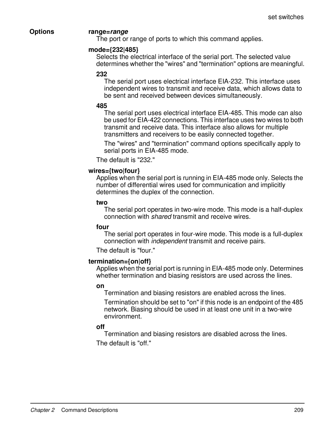 Digi 90000566_H manual Options Range=range, Mode=232485, Wires=twofour, Two, Four, Termination=onoff 