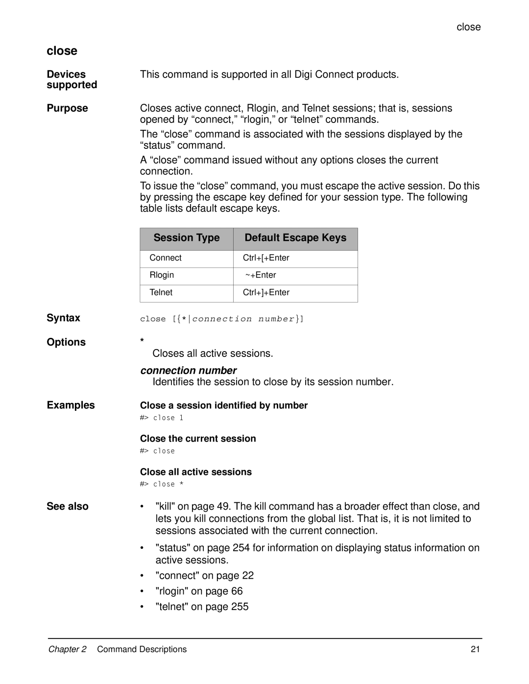 Digi 90000566_H manual Close, Session Type Default Escape Keys, Connection number 