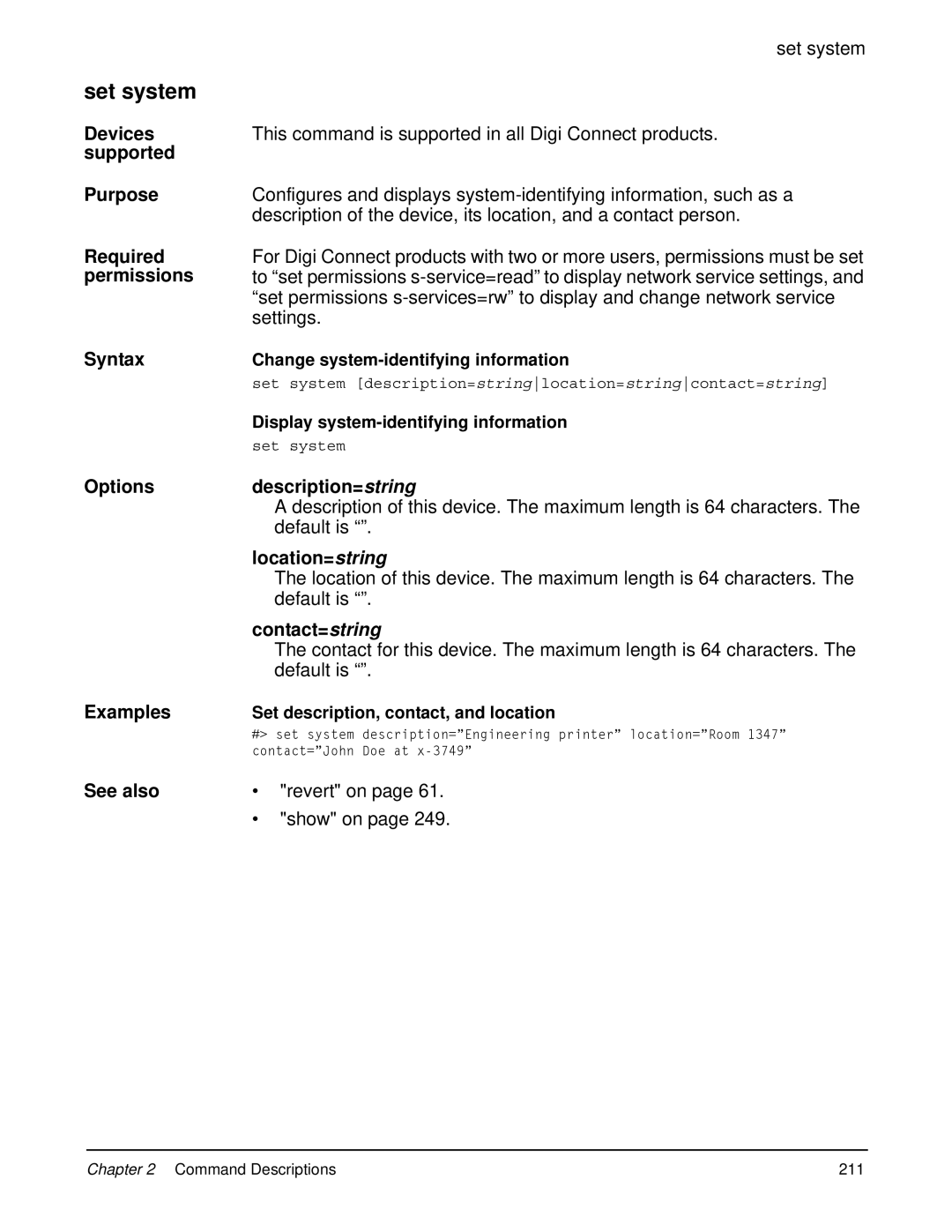 Digi 90000566_H manual Set system, Options Description=string, Location=string, Contact=string 