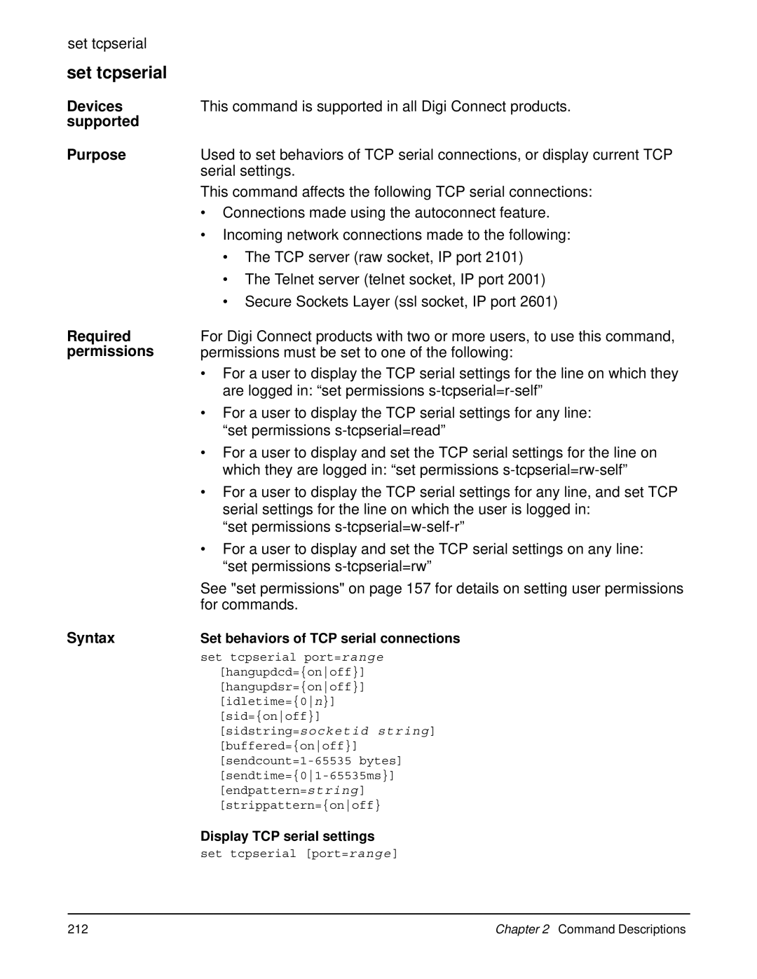 Digi 90000566_H Set tcpserial set tcpserial, Serial settings, This command affects the following TCP serial connections 