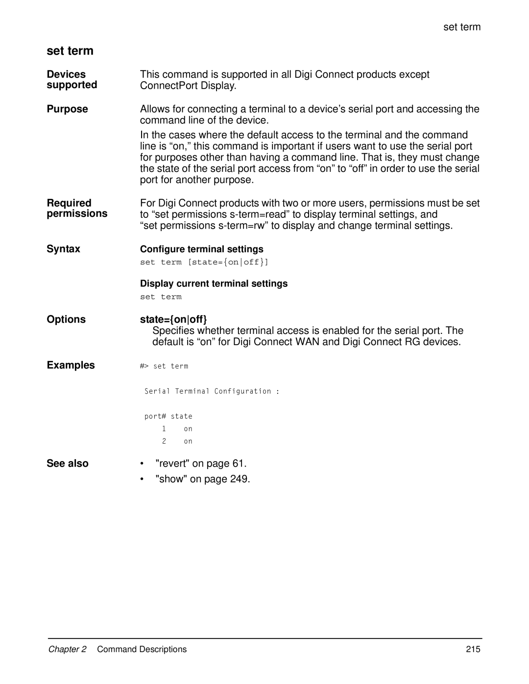 Digi 90000566_H manual Set term, Command line of the device, Port for another purpose, Configure terminal settings 