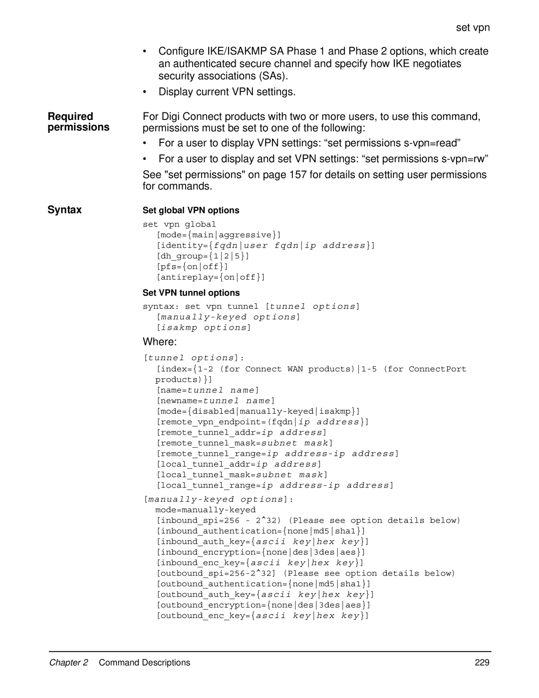 Digi 90000566_H manual Security associations SAs, Display current VPN settings 