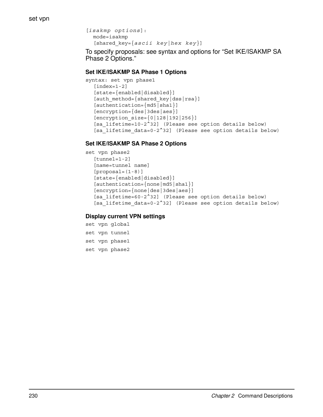 Digi 90000566_H manual Set IKE/ISAKMP SA Phase 1 Options, Set IKE/ISAKMP SA Phase 2 Options, Display current VPN settings 