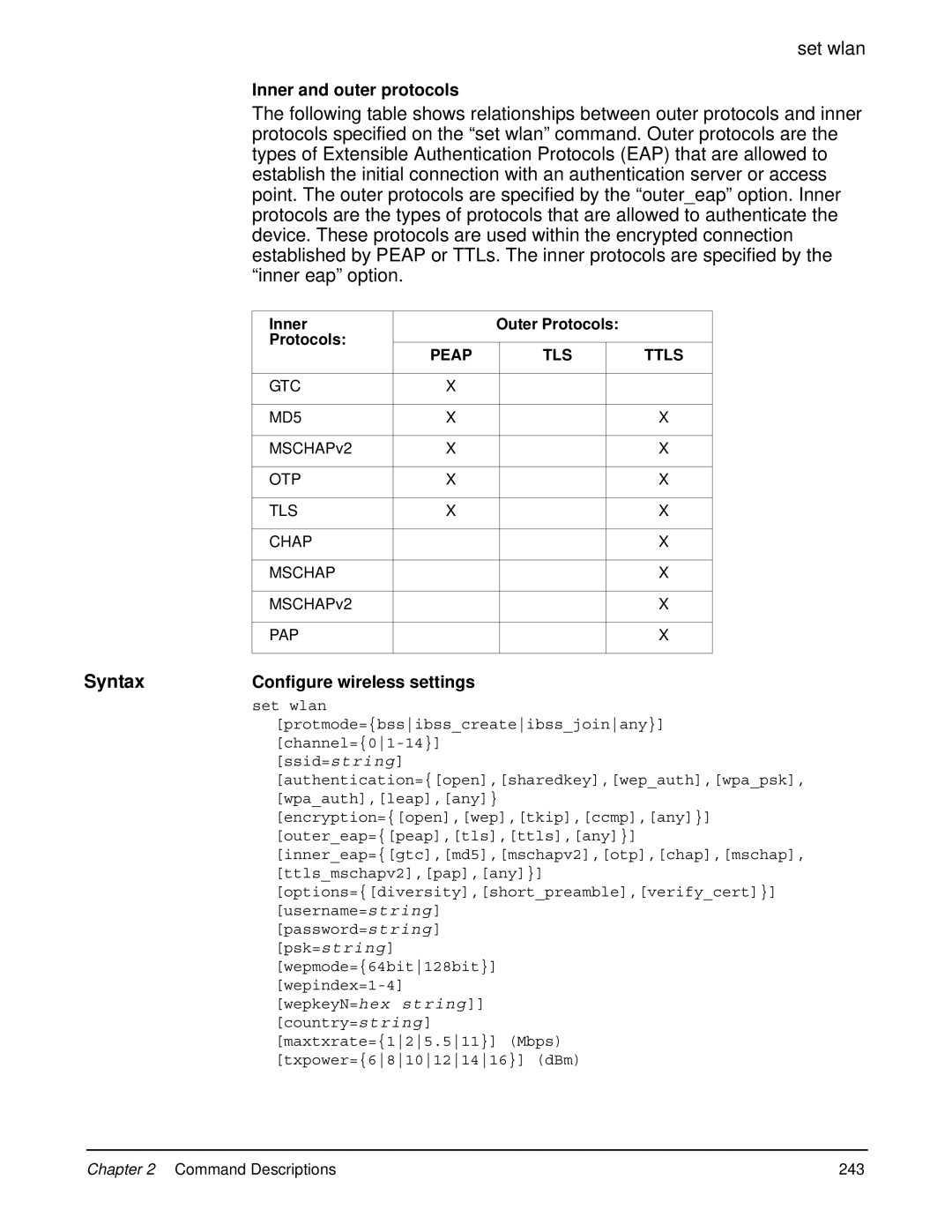 Digi 90000566_H manual Inner and outer protocols, Configure wireless settings 