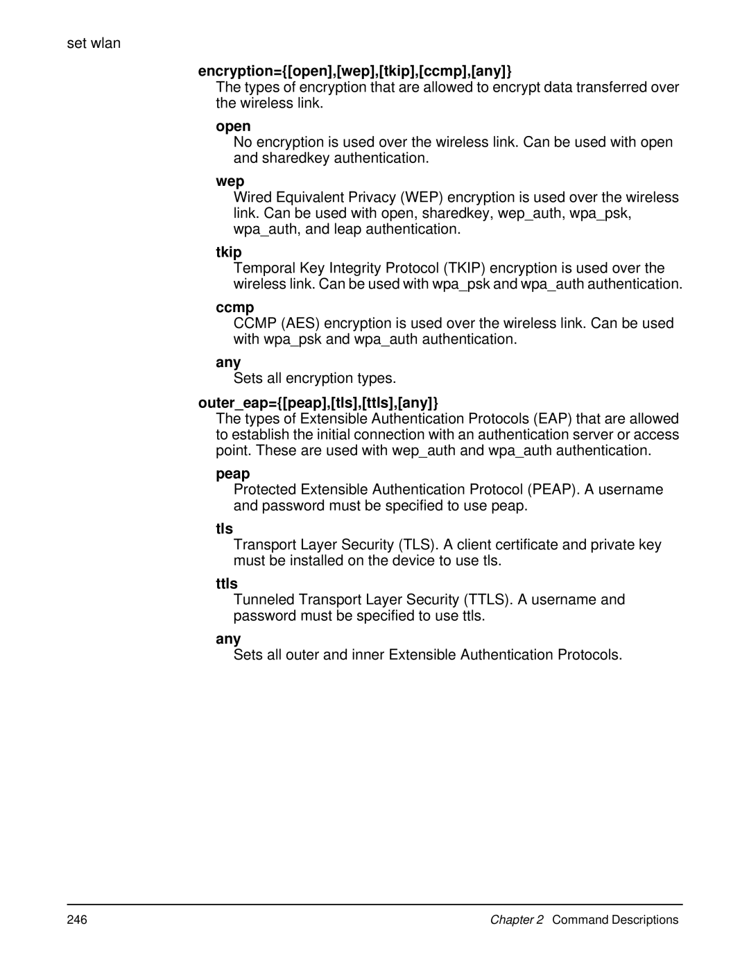 Digi 90000566_H manual Encryption=open,wep,tkip,ccmp,any, Wep, Tkip, Ccmp, Outereap=peap,tls,ttls,any, Peap, Tls, Ttls 