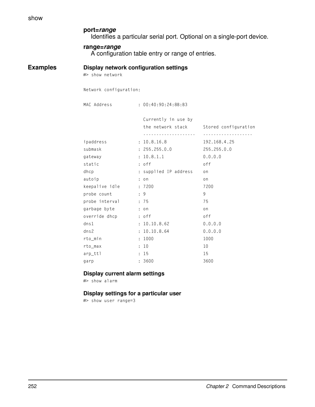 Digi 90000566_H manual Configuration table entry or range of entries, Display network configuration settings 