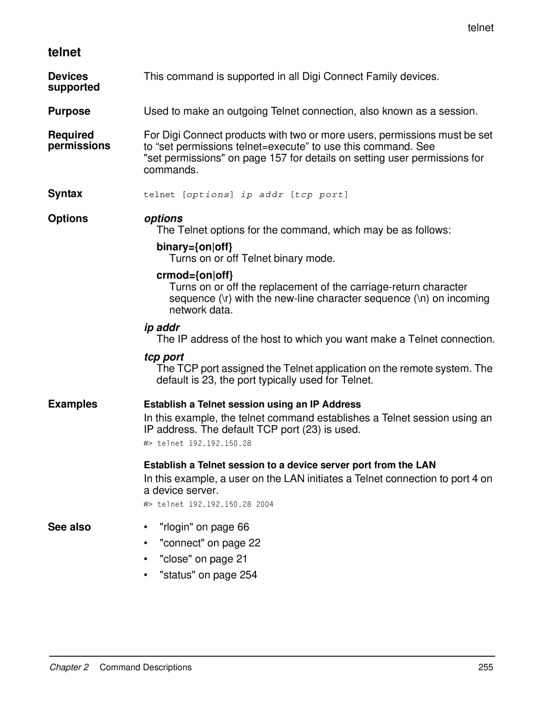 Digi 90000566_H manual Telnet, Ip addr, Tcp port 