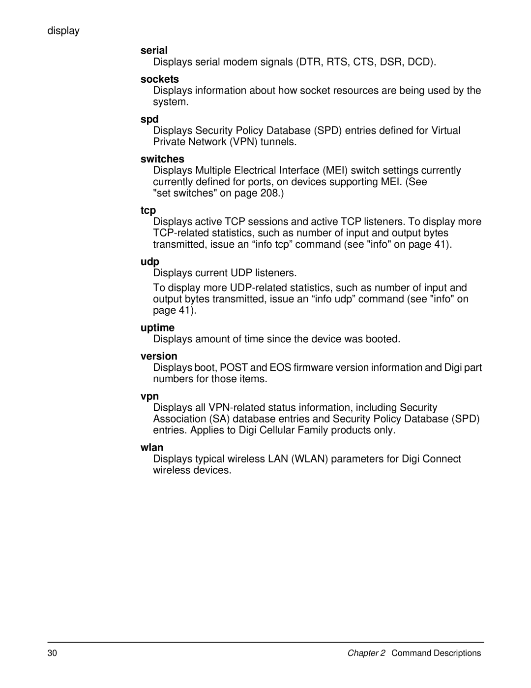 Digi 90000566_H manual Serial, Sockets, Spd, Switches, Tcp, Udp, Uptime, Version, Vpn, Wlan 